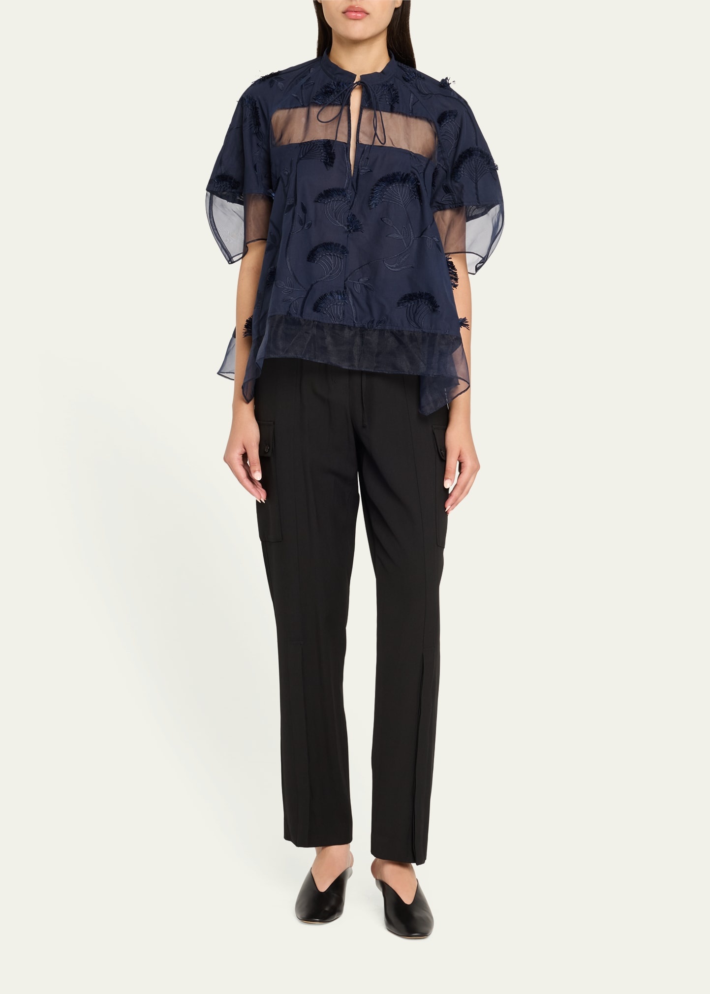 Short-Sleeve Embroidered Organza Flounce Top - 2
