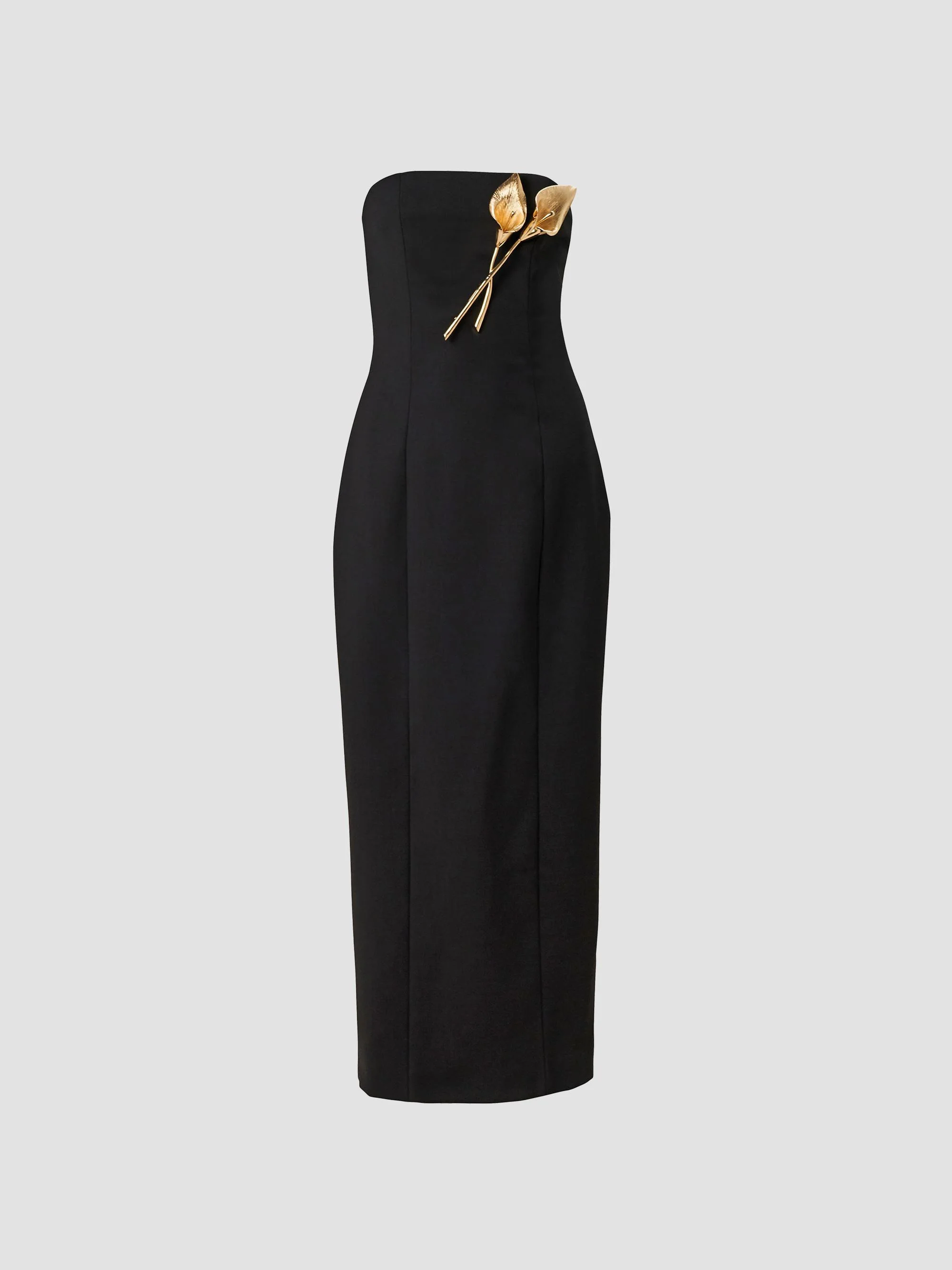 Women's Floral Brooch-Detailed Stretch Wool Gown - Black - 1