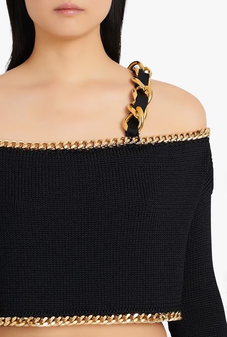 Cropped black and gold eco-designed knit sweater - 9