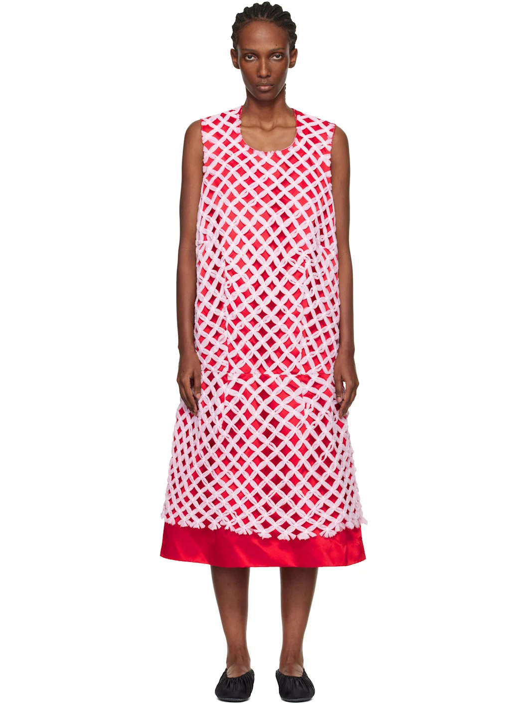 Red & Pink Tulle Braided Mesh Midi Dress - 1
