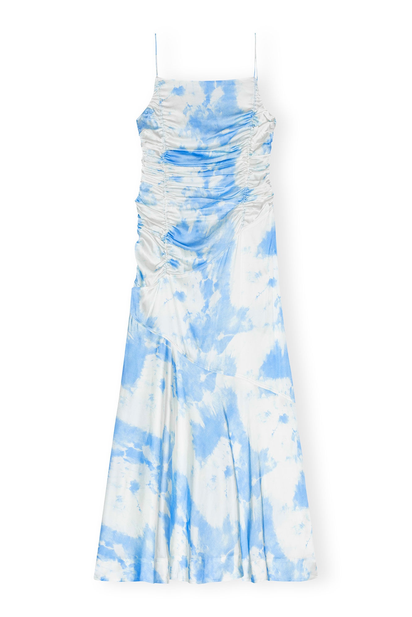 BLUE PRINTED SATIN RUCHED LONG SLIP DRESS - 6