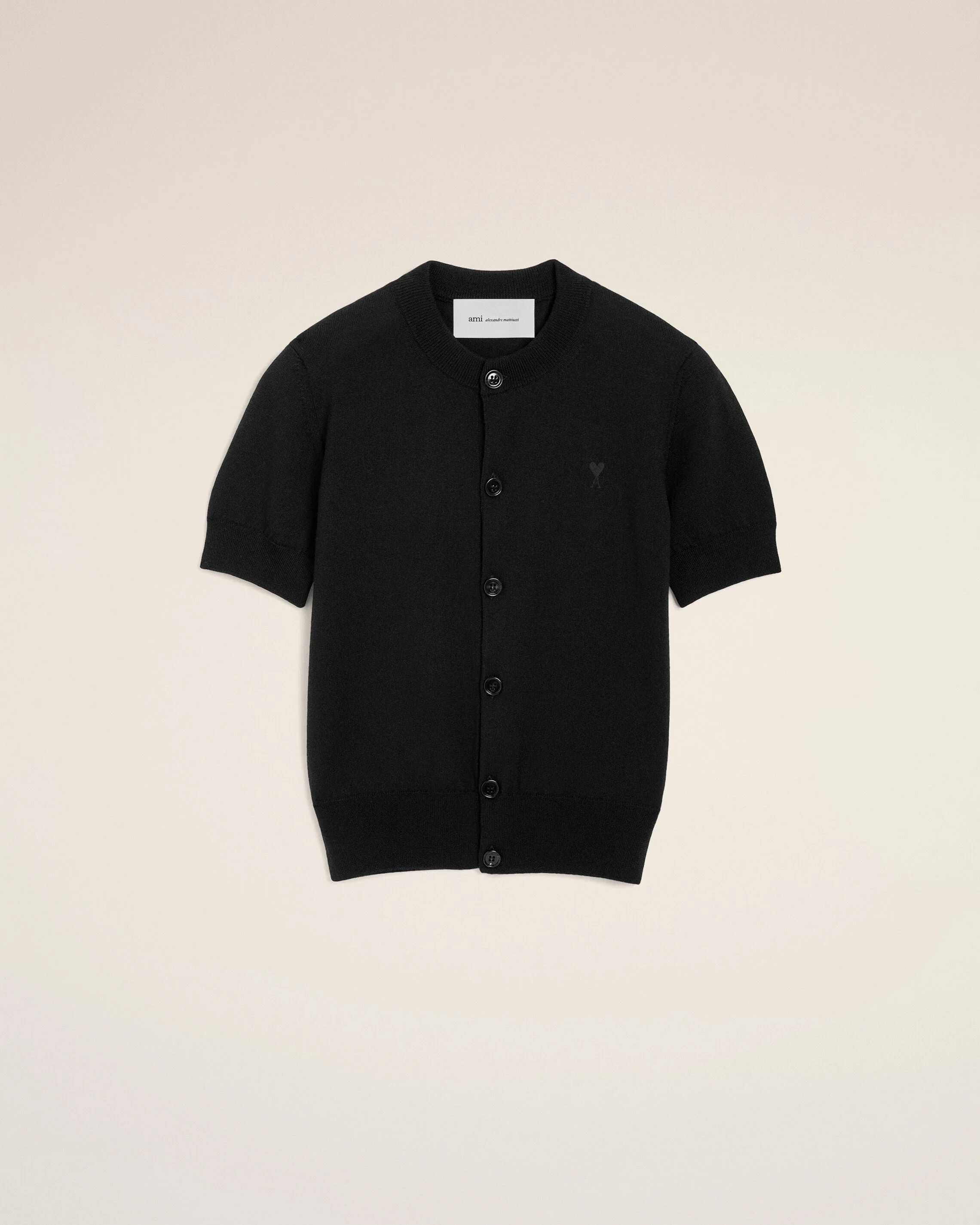 BLACK WOOL SHORT-SLEEVE CARDIGAN WITH AMI DE COEUR - 1