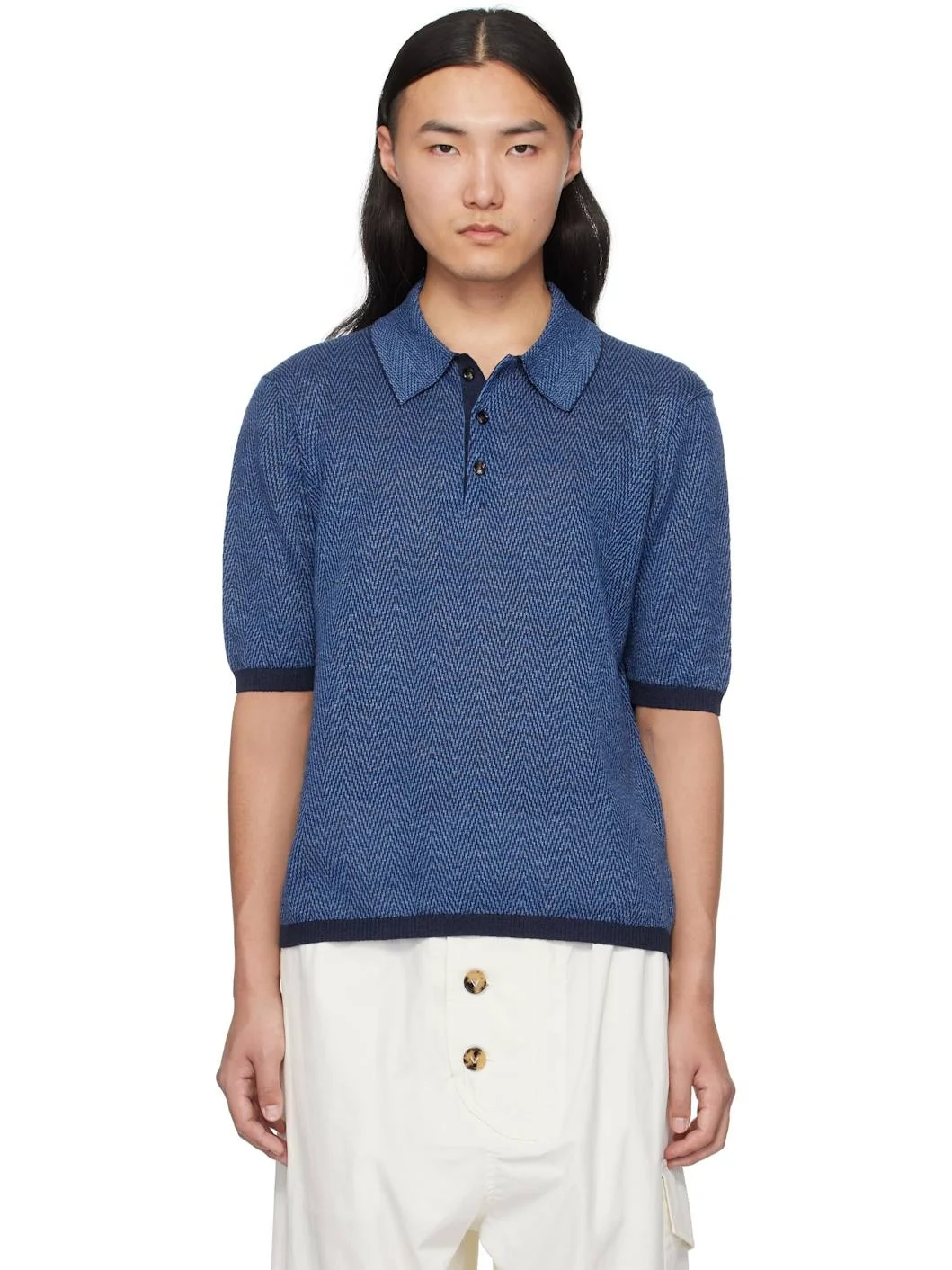Blue Linen Chevron Knit Polo - 1