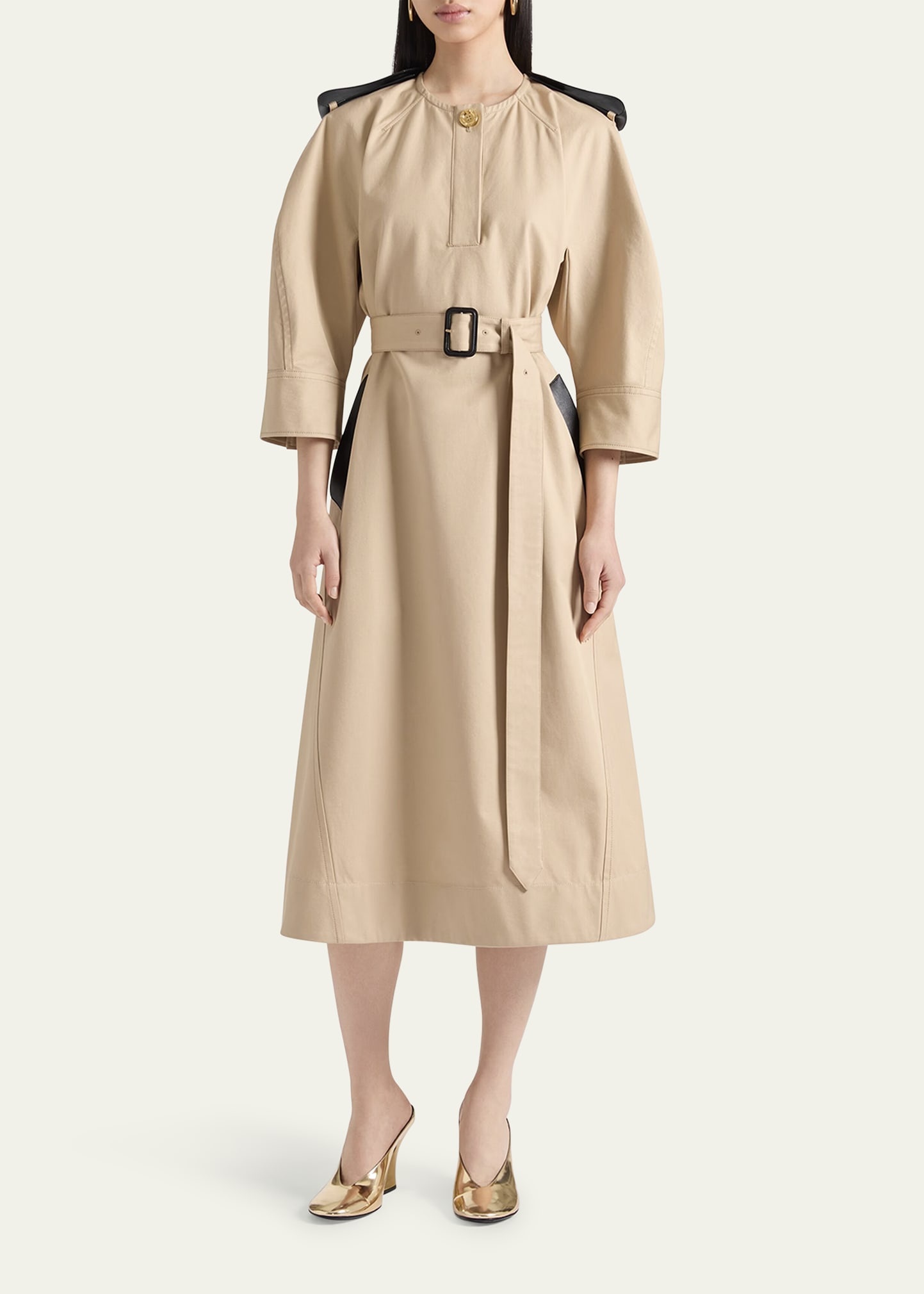 Leather-Trim Belted Cotton Twill Midi Cocoon Dress - 4