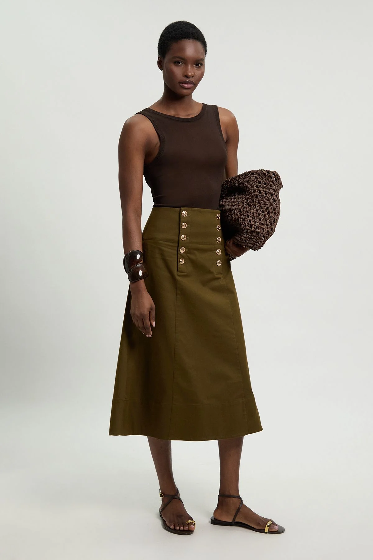 Cotton Tailored Button Detail Midi Skirt - 1