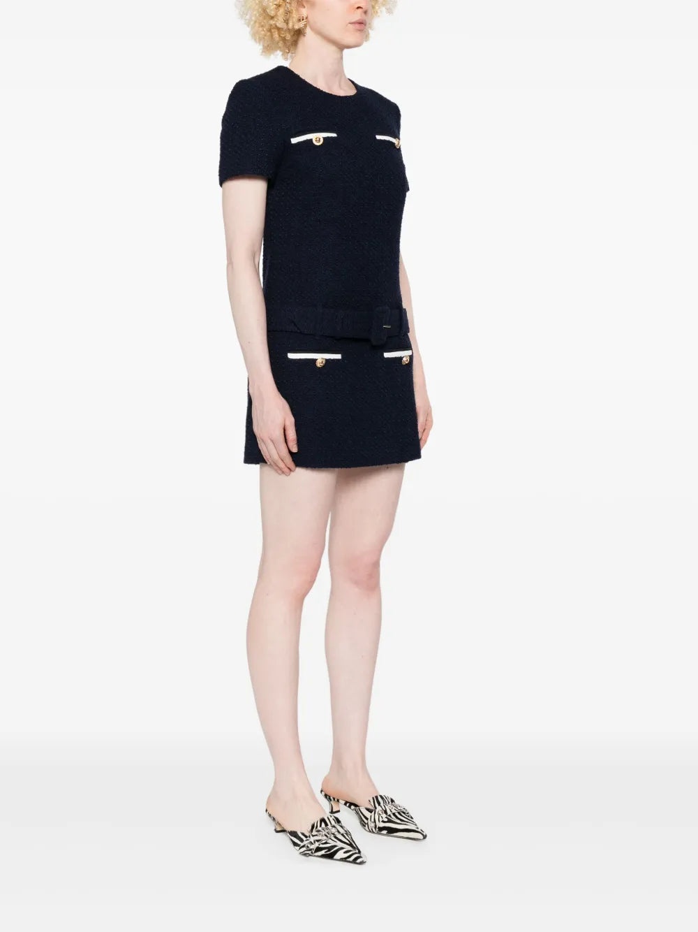 Navy Blue Bouclé Mini Dress - 3
