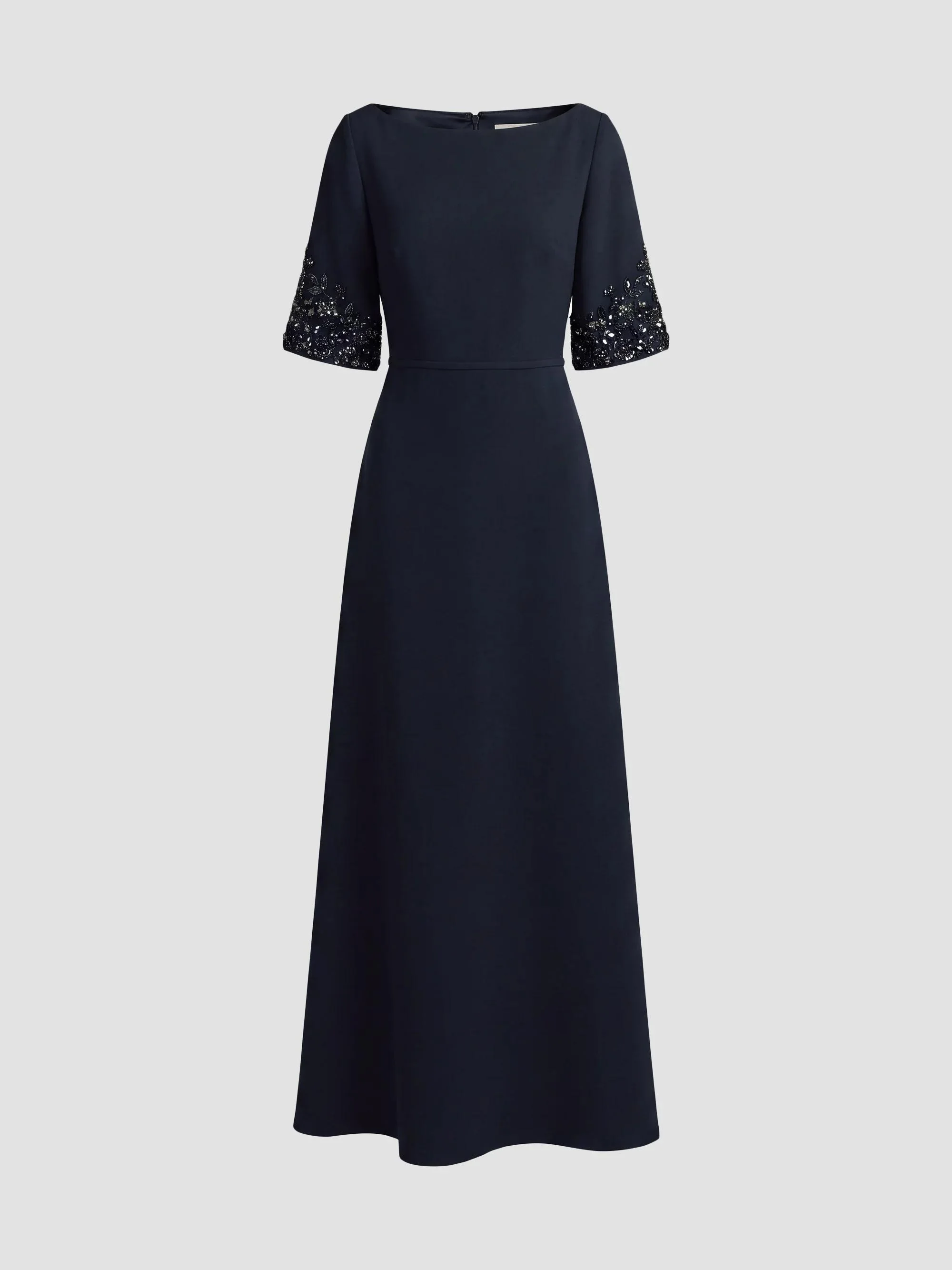 Women's Crepe Beaded-Sleeves A-Line Gown - Midnight - 1