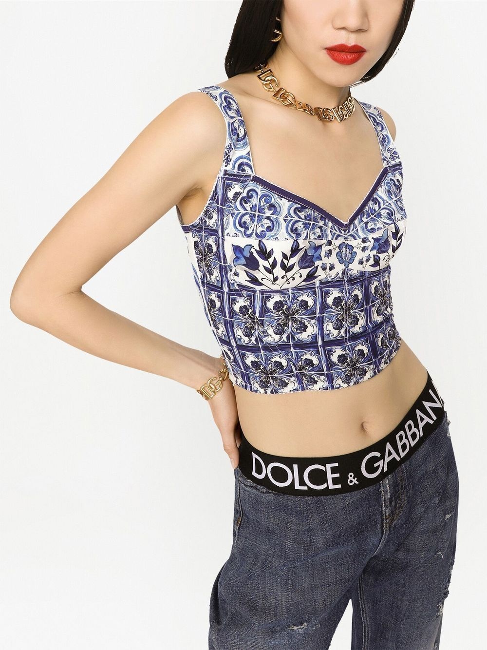 Majolica-print bustier cropped top - 5