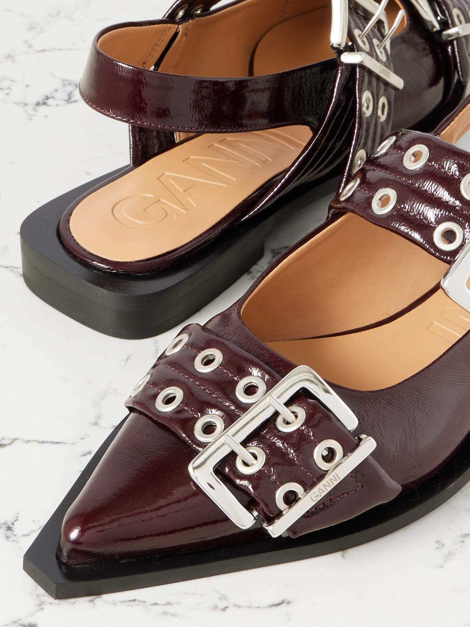 Embellished glossed recycled point-toe slingback flats Burgundy - 4