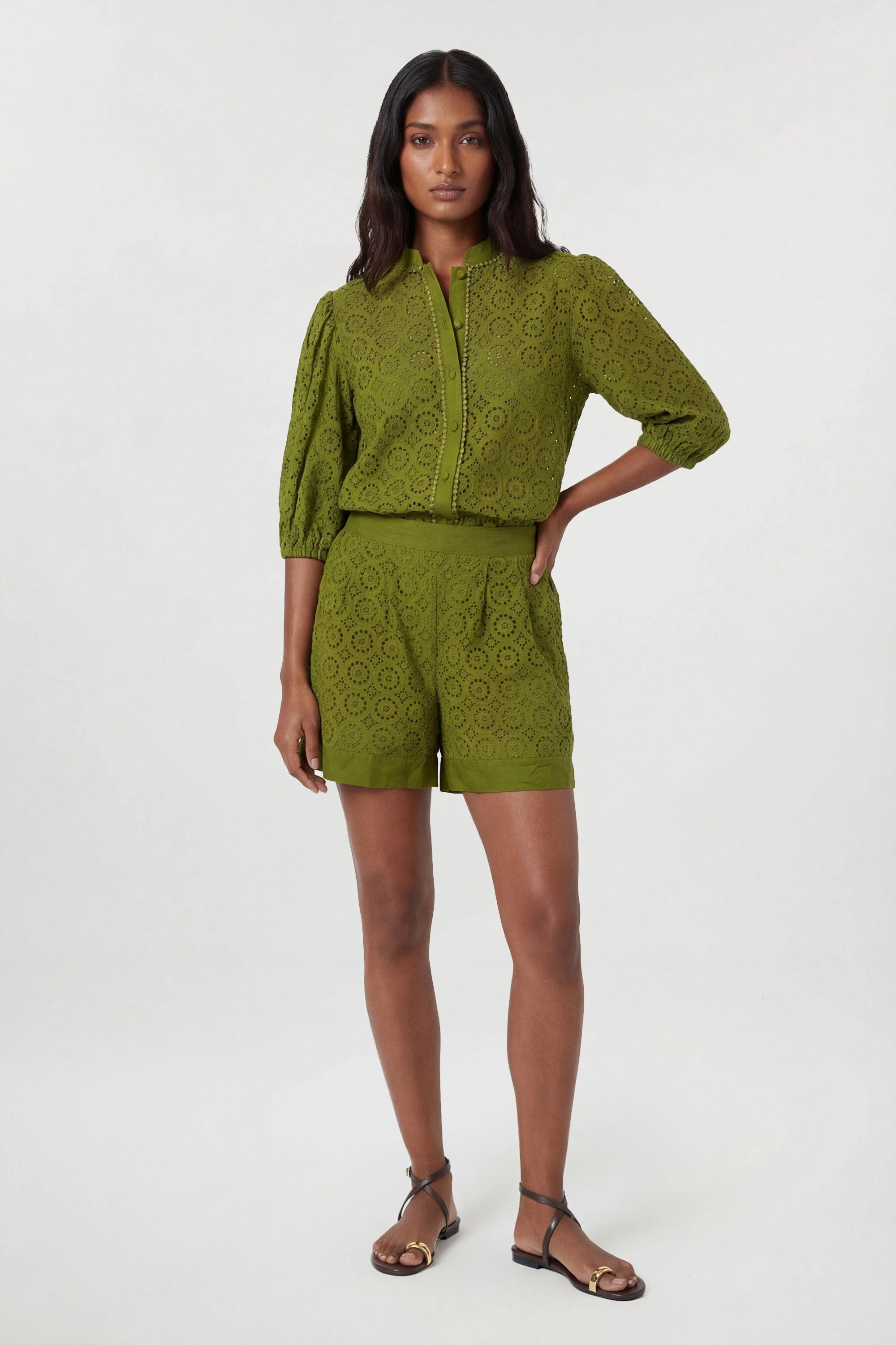 Cotton Broderie Woven Short Sleeve Blouse - 1