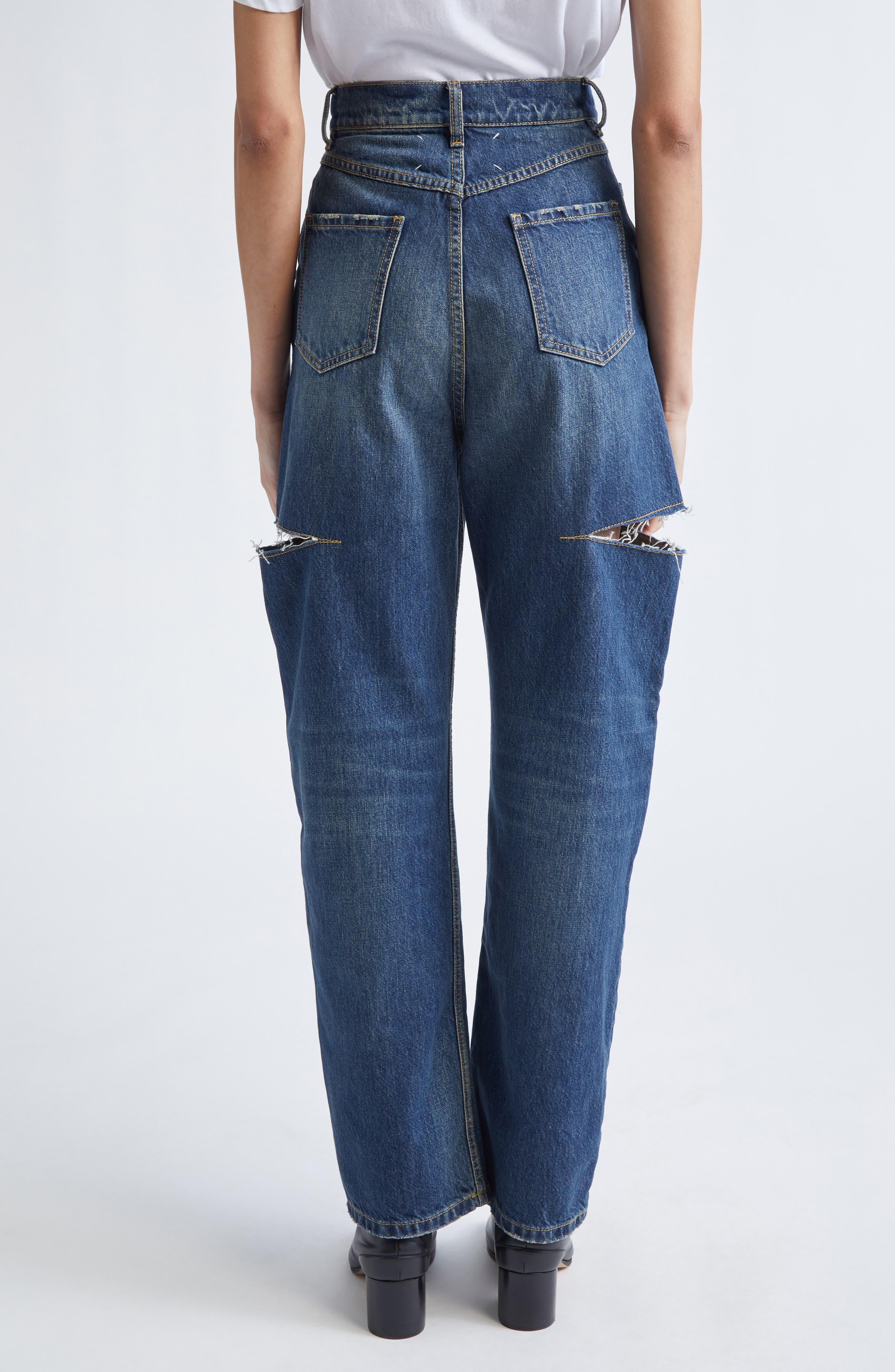 Maison Margiela Ripped Cutout High Waist Straight Leg Jeans in Washed Indigo at Nordstrom - 3