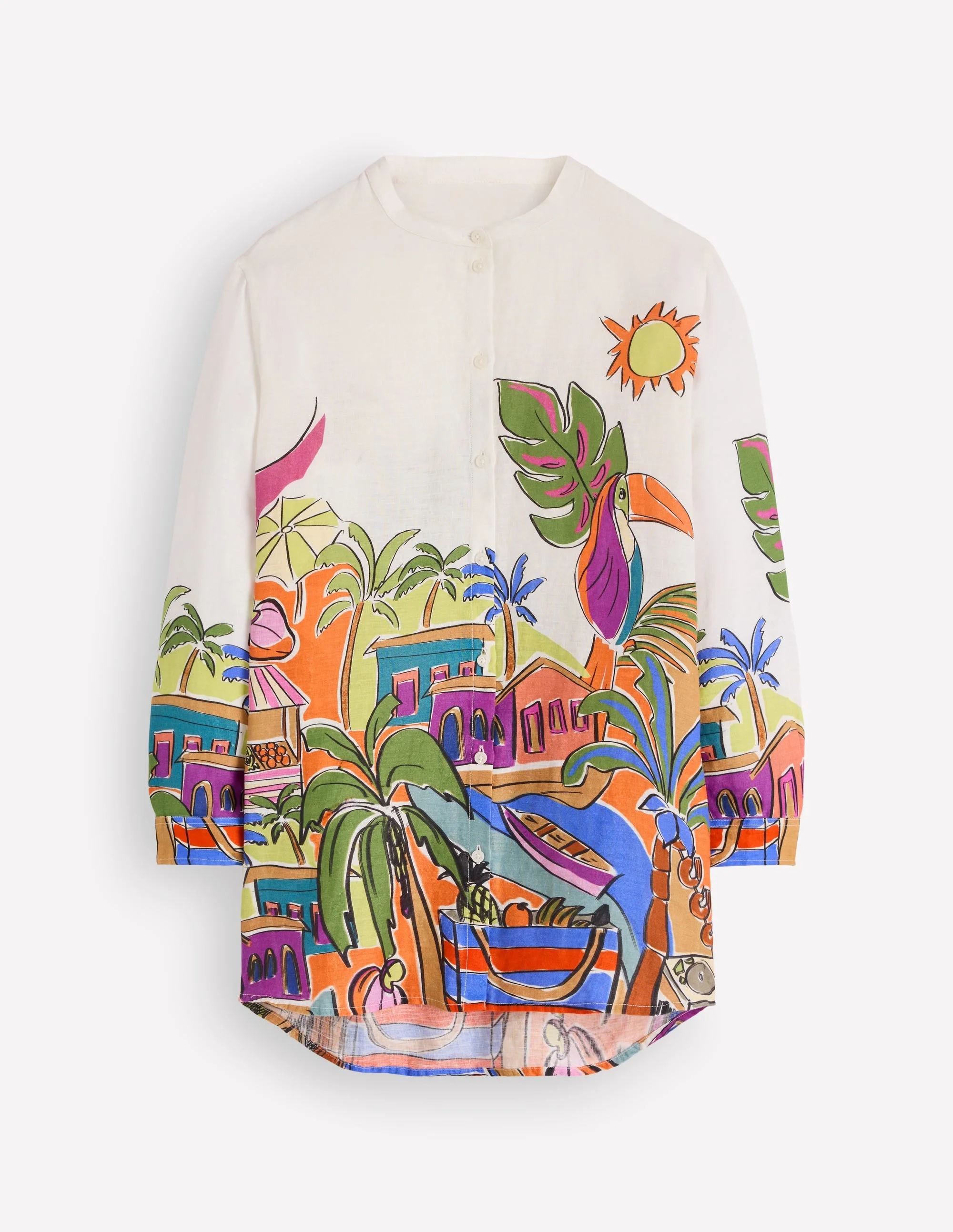 Longline Linen Shirt-Multi, Tropical Village - 1