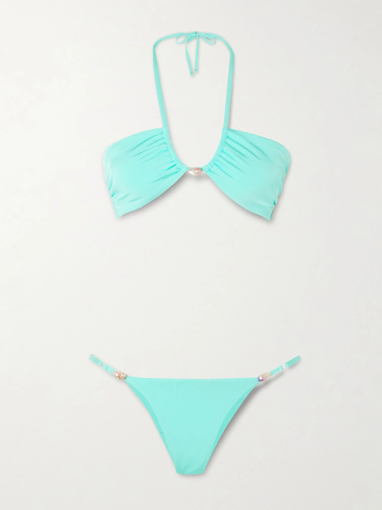 Bahia pearl-embellished stretch-ECONYL® halterneck bikini Turquoise - 1