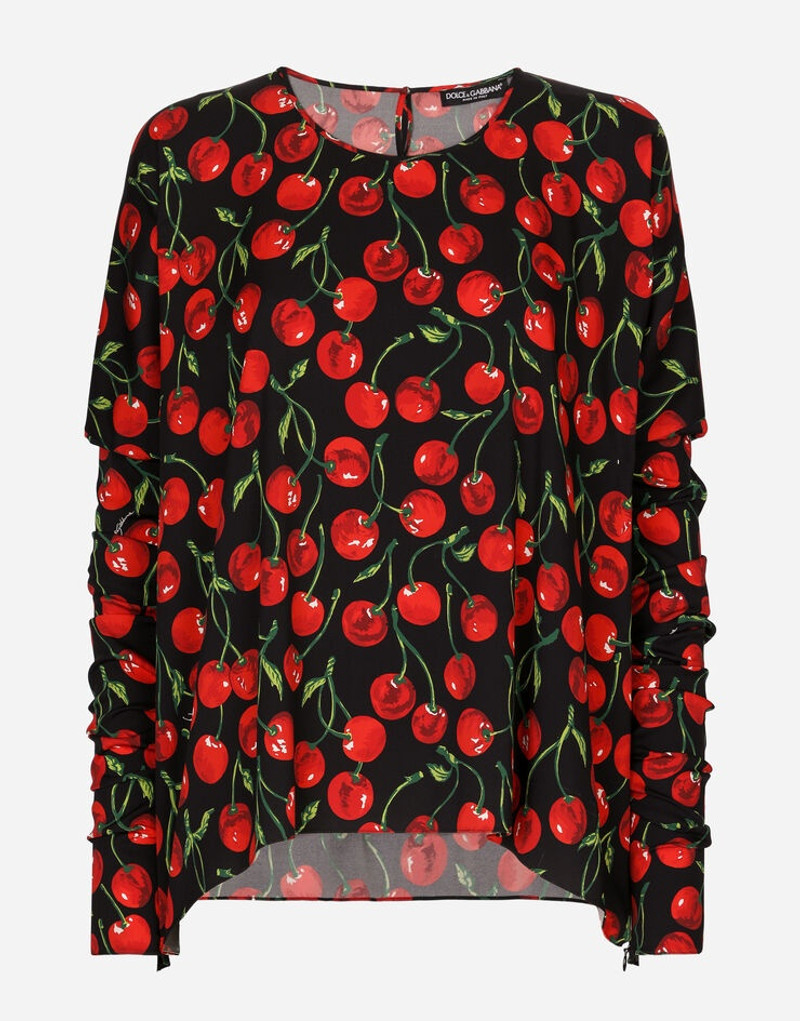 Cherry-print charmeuse top with gathered sleeves 1