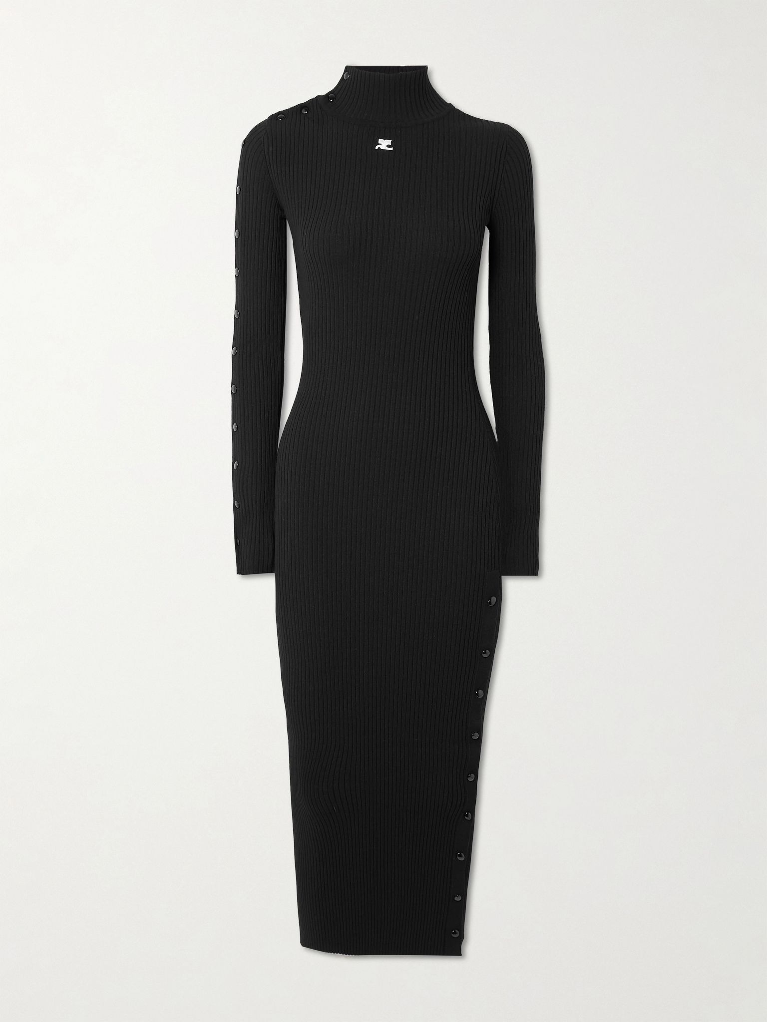 Embroidered ribbed-knit midi turtleneck dress Black - 1