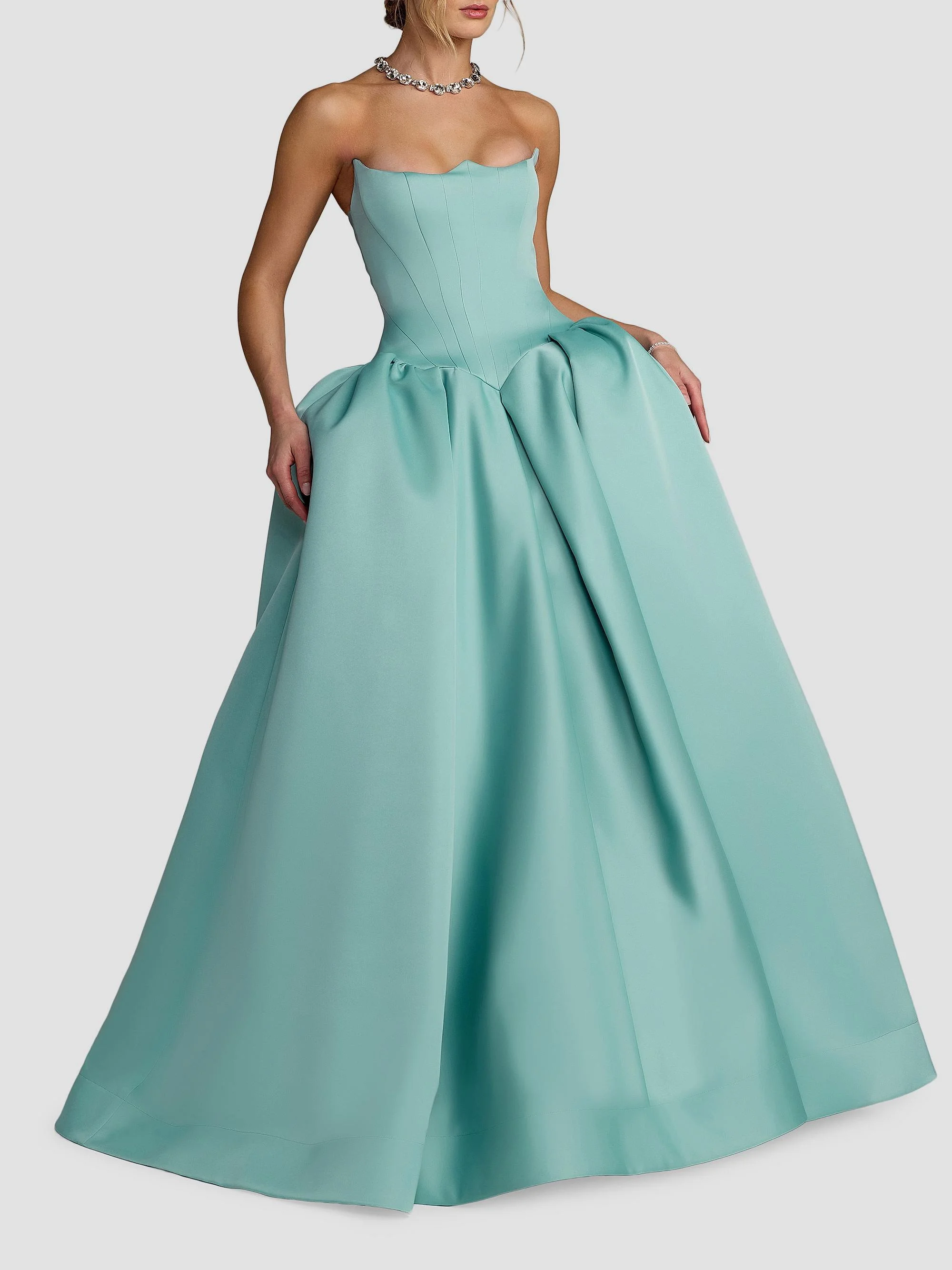 Women's Exaggerated-Hip Satin Strapless Gown - Seafoam - 1