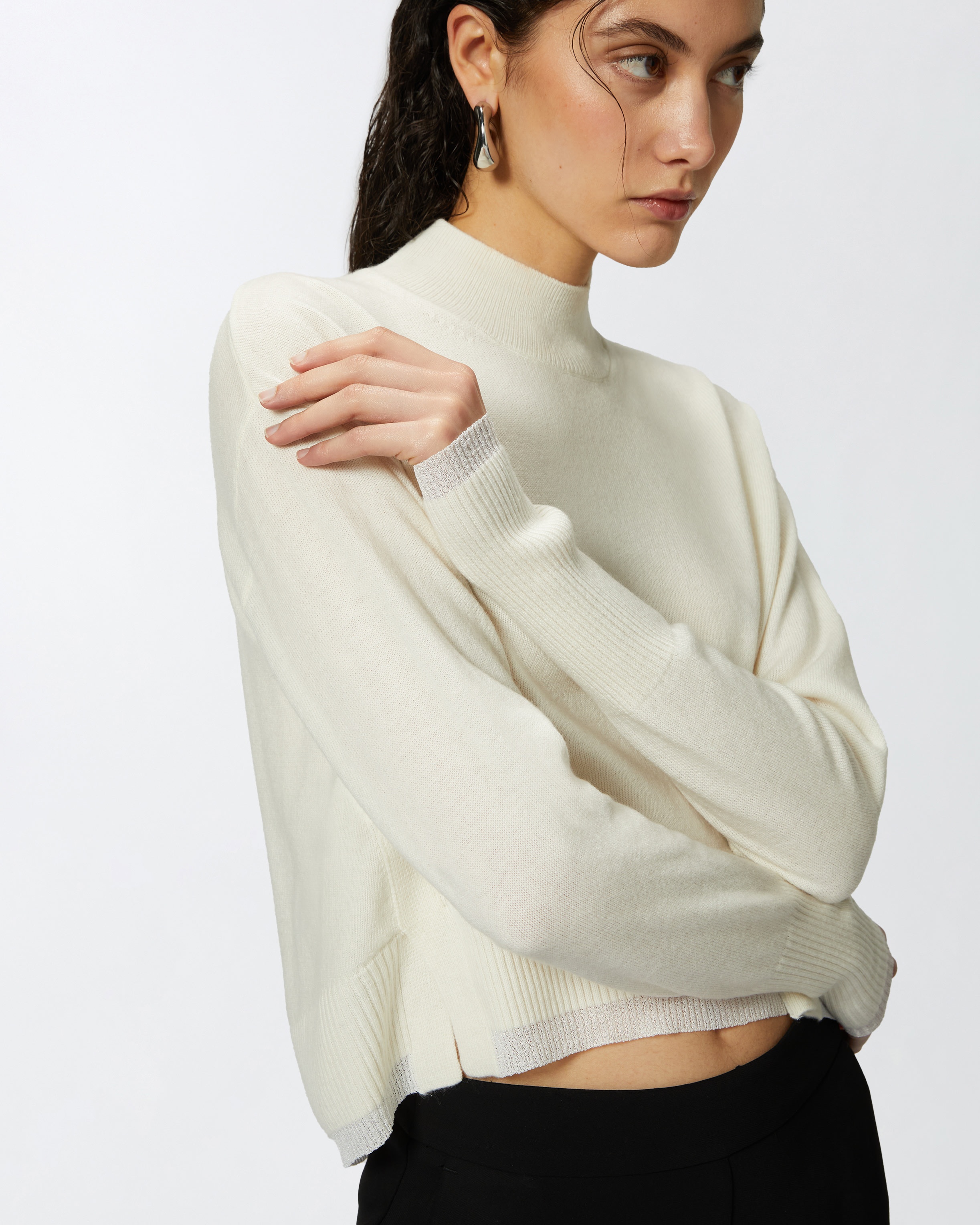 WHITE CASHMERE-BLEND MOCK-NECK SWEATER - 5