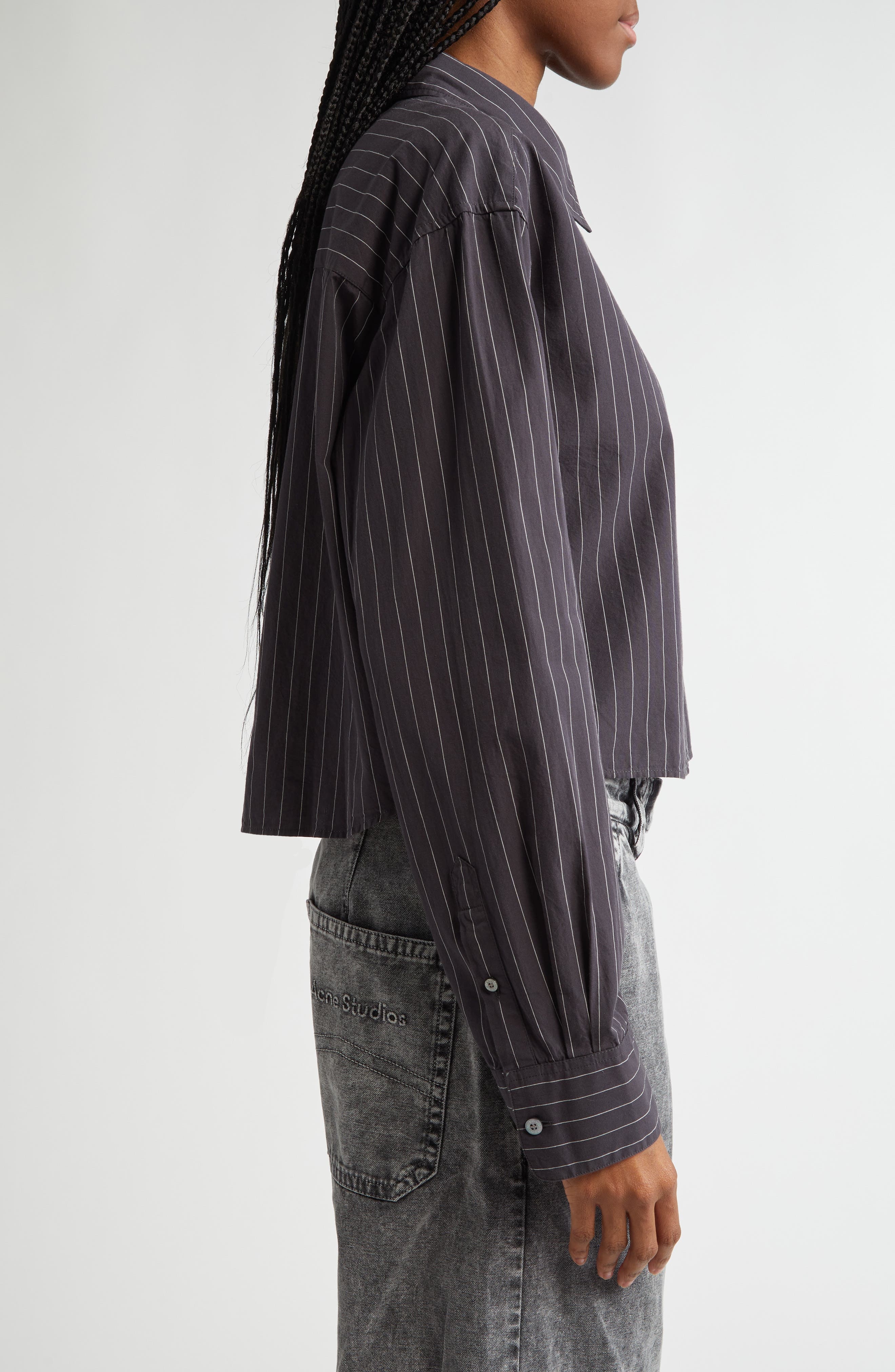 Acne Studios Satai Stripe Crop Organic Cotton Poplin Button-Up Shirt in Black/White J83 at Nordstrom - 4