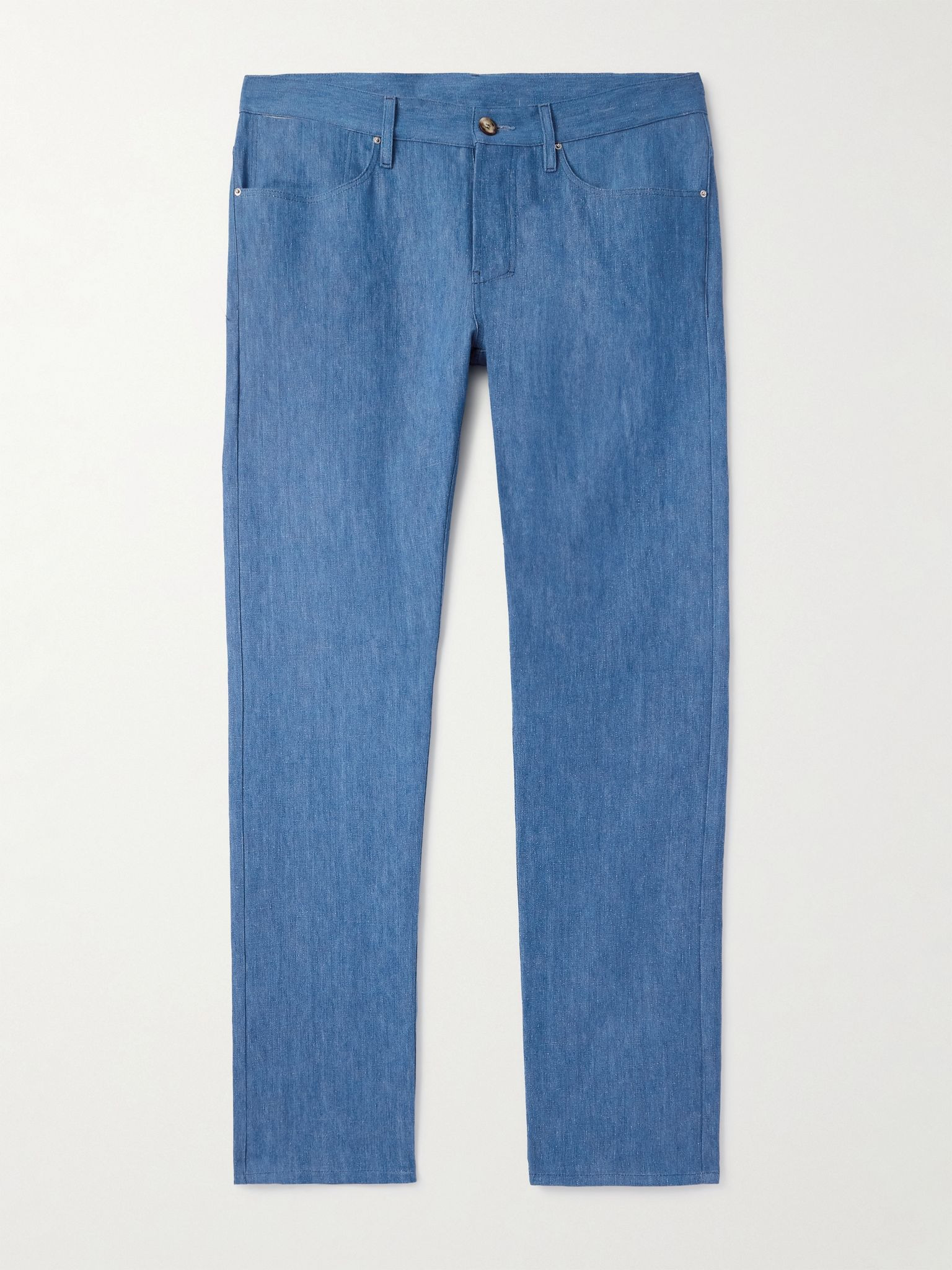 Slim-Fit Cotton and Linen-Blend Trousers Blue - 1