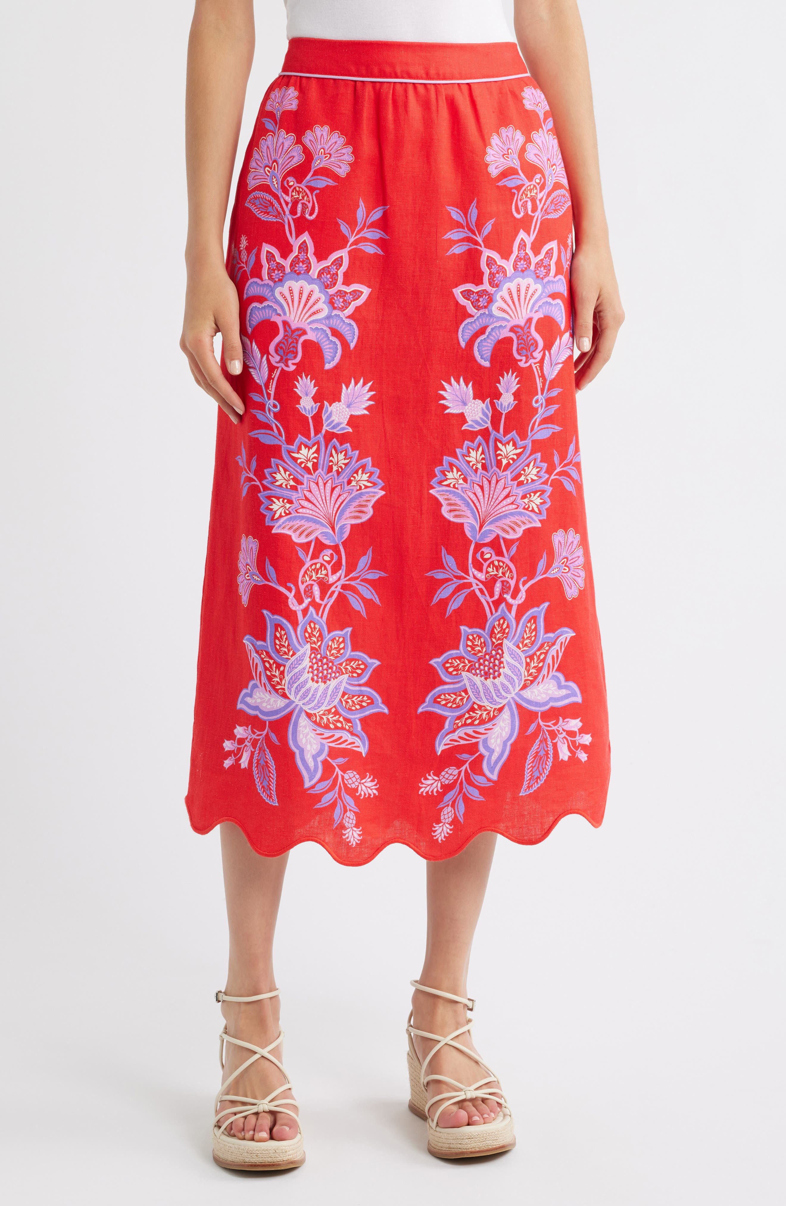 FARM Rio Porcelain Garden Floral Linen Maxi Skirt in Red at Nordstrom - 1