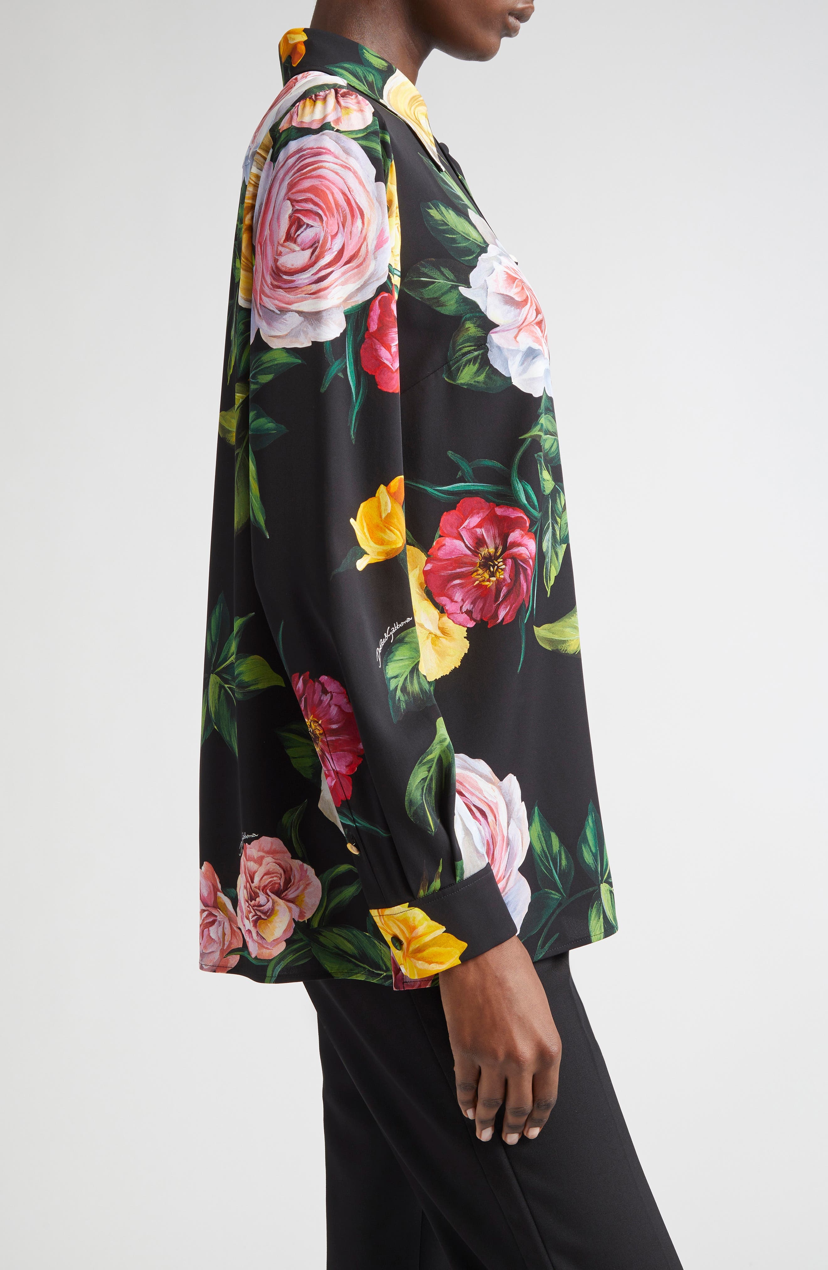 Dolce&Gabbana Peony & Rose Floral Charmeuse Button-Up Shirt in Peonie/Rose F.nero at Nordstrom - 4