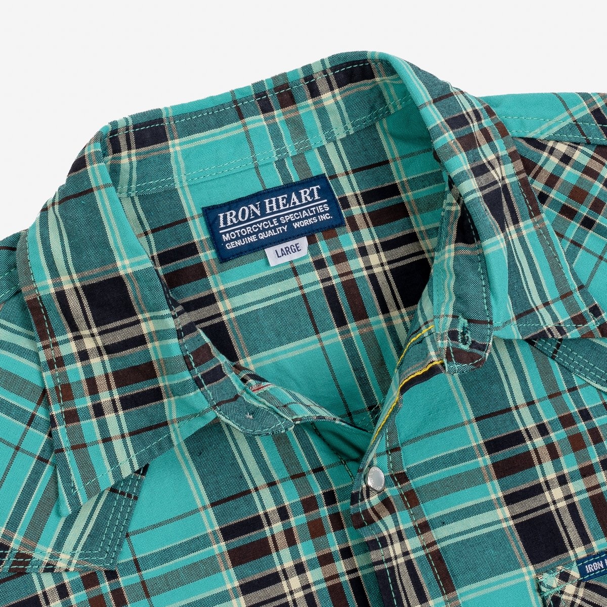 IHSH-359-GRN 5oz Selvedge Madras Check Short Sleeved Western Shirt - Green - 8