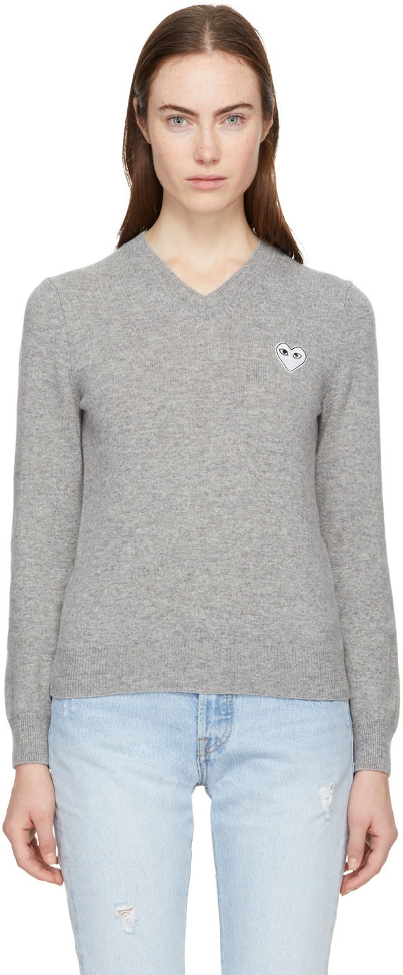 Grey Heart Patch V-Neck Sweater 1