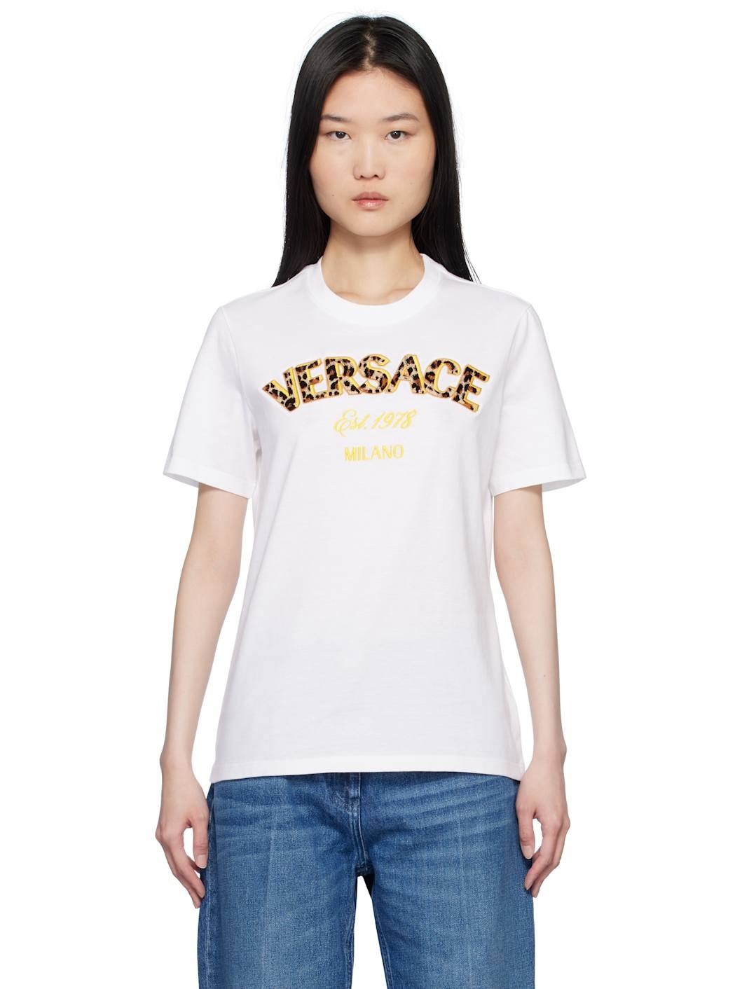 White 'Versace Milano' Leopard Embroidery T-shirt - 1