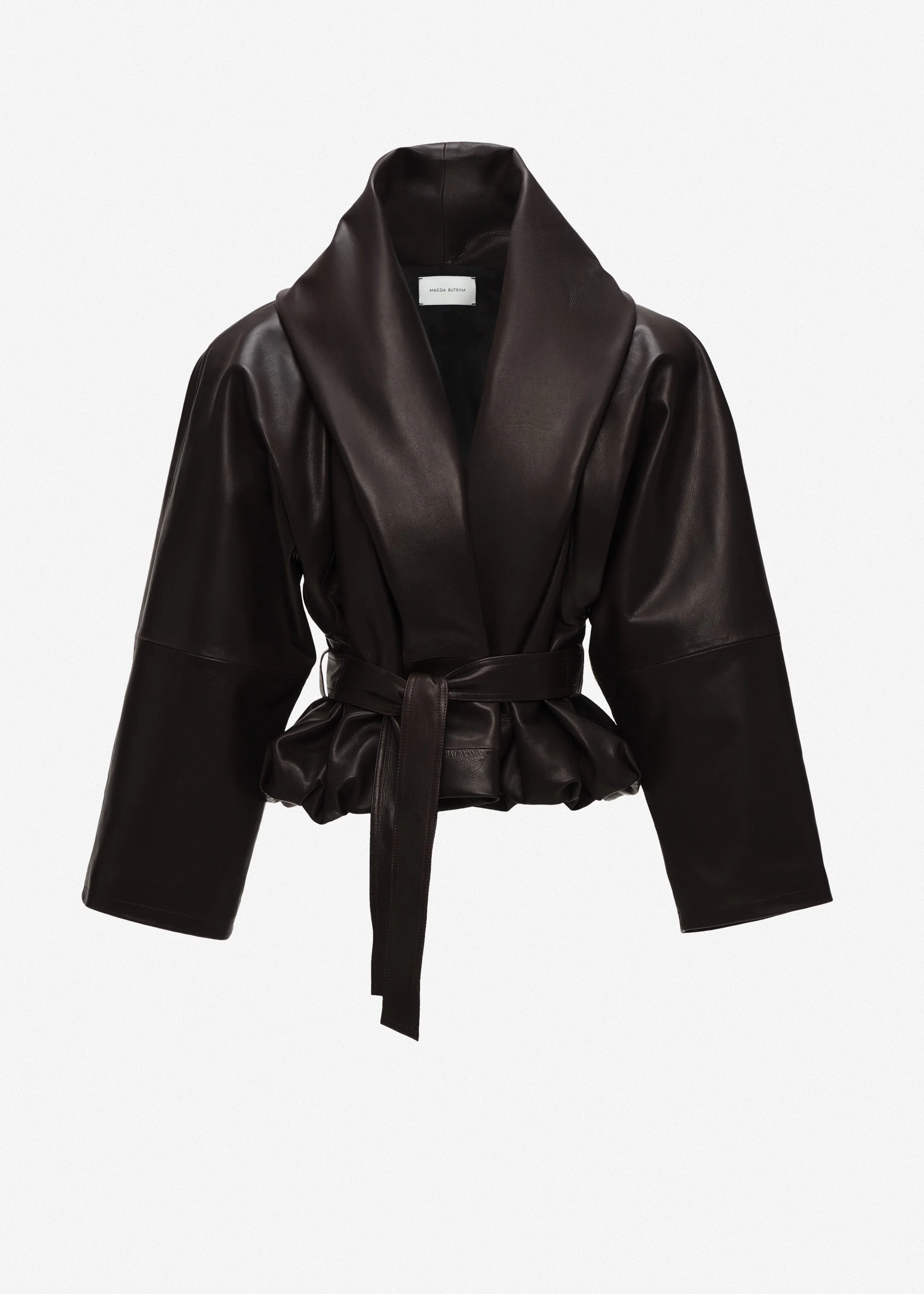 Belted peplum leather jacket in dark brown - 1