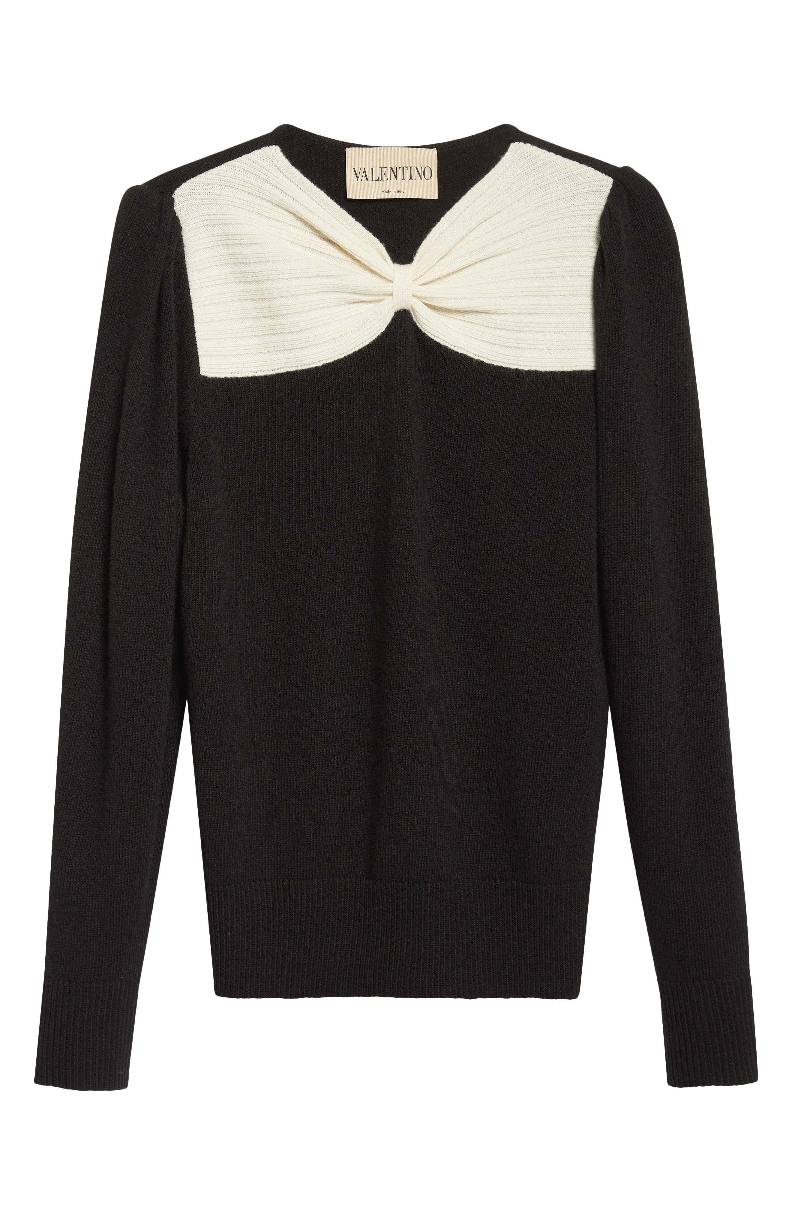 Valentino Bow Detail Virgin Wool Sweater in Black/Ivory at Nordstrom - 1