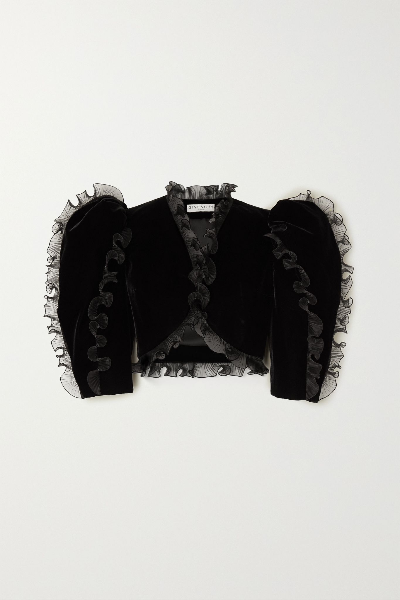 Cropped ruffled plissé organza-trimmed velvet jacket - 1