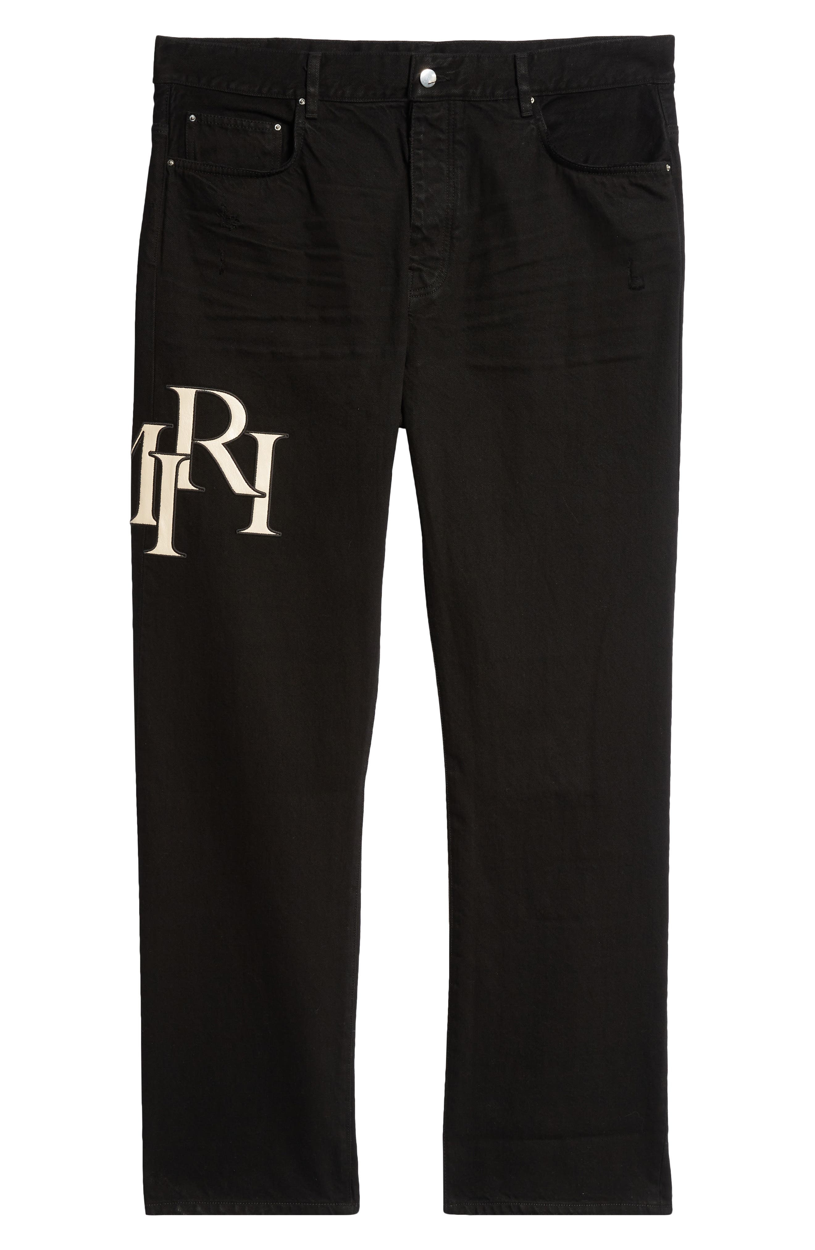AMIRI Staggered Logo Nonstretch Denim Straight Leg Jeans in Black Od at Nordstrom - 6