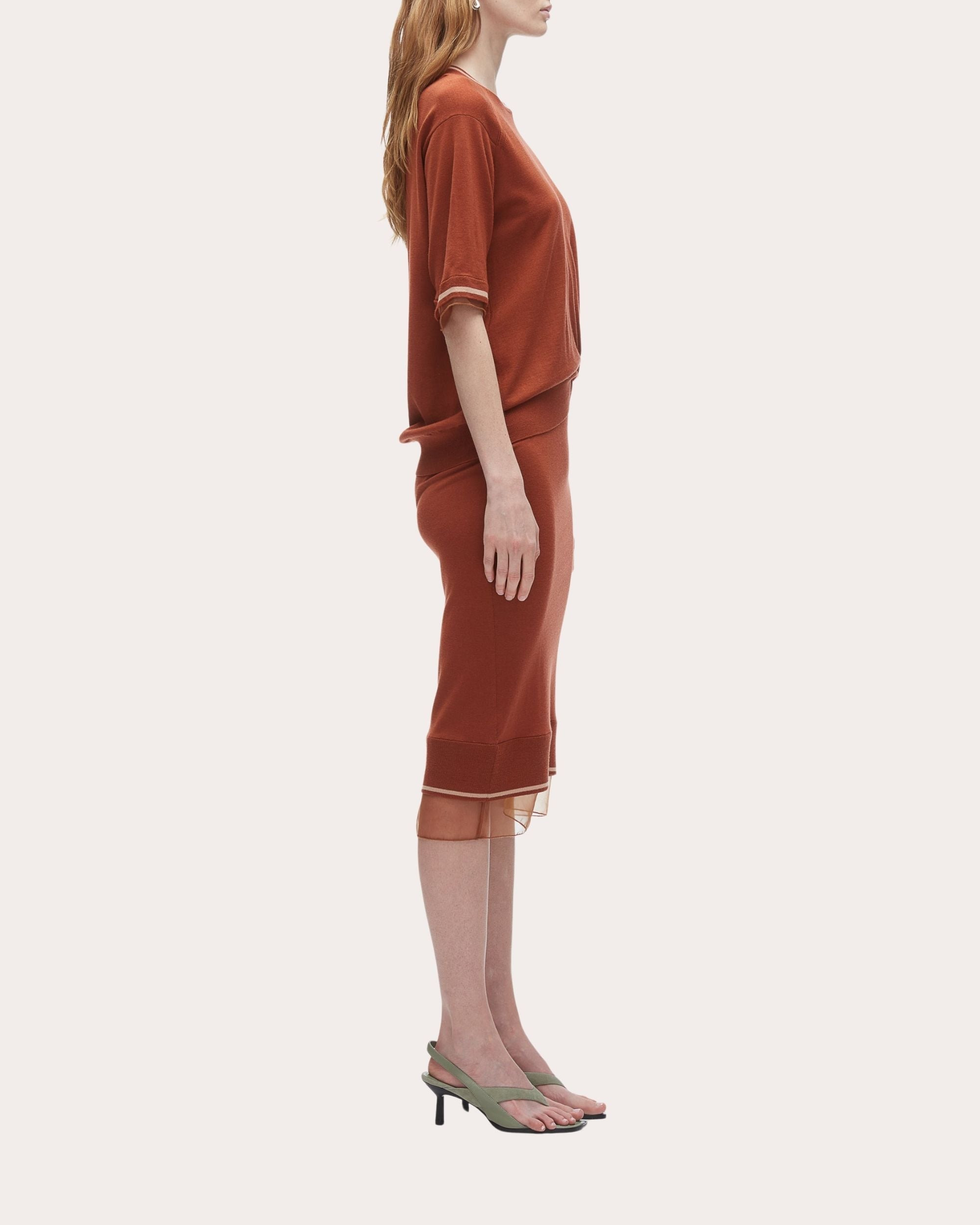 Organza Trimmed Gathered Wool Sweater Dress - 4