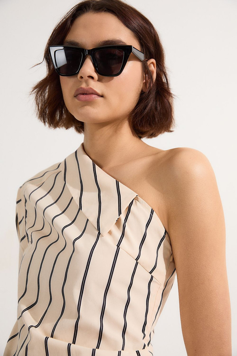 Cotton Stripe Belted Woven One Shoulder Top 3