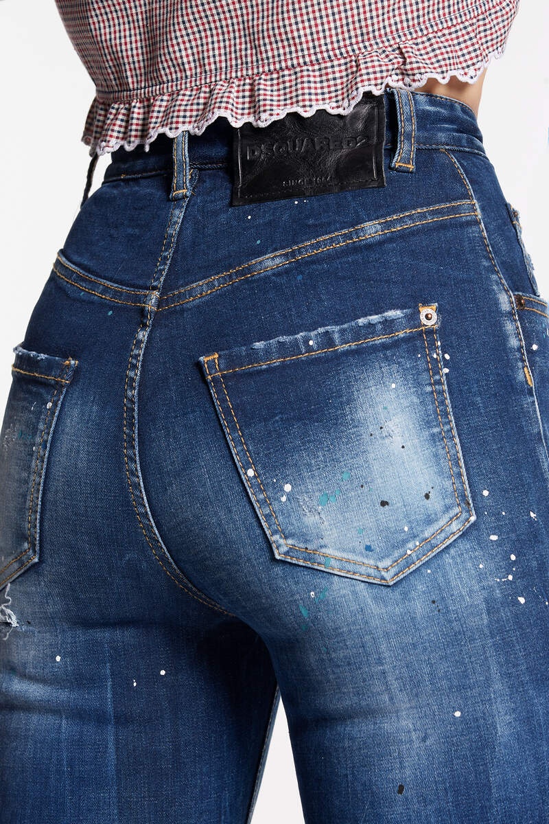 BLUE AND WHITE SPOTS WASH HIGH WAIST BELL BOTTOM JEANS - 4