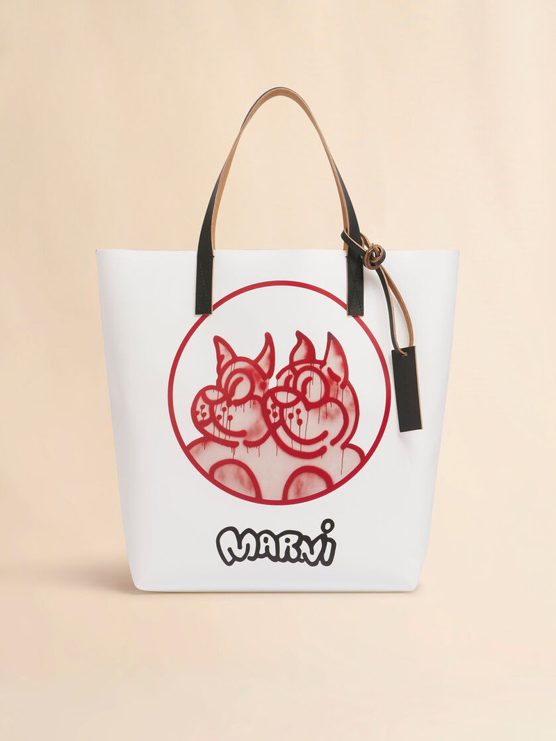 WHITE AND RED FABRIC TRIBECA TOTE WITH DOGS PRINT 1