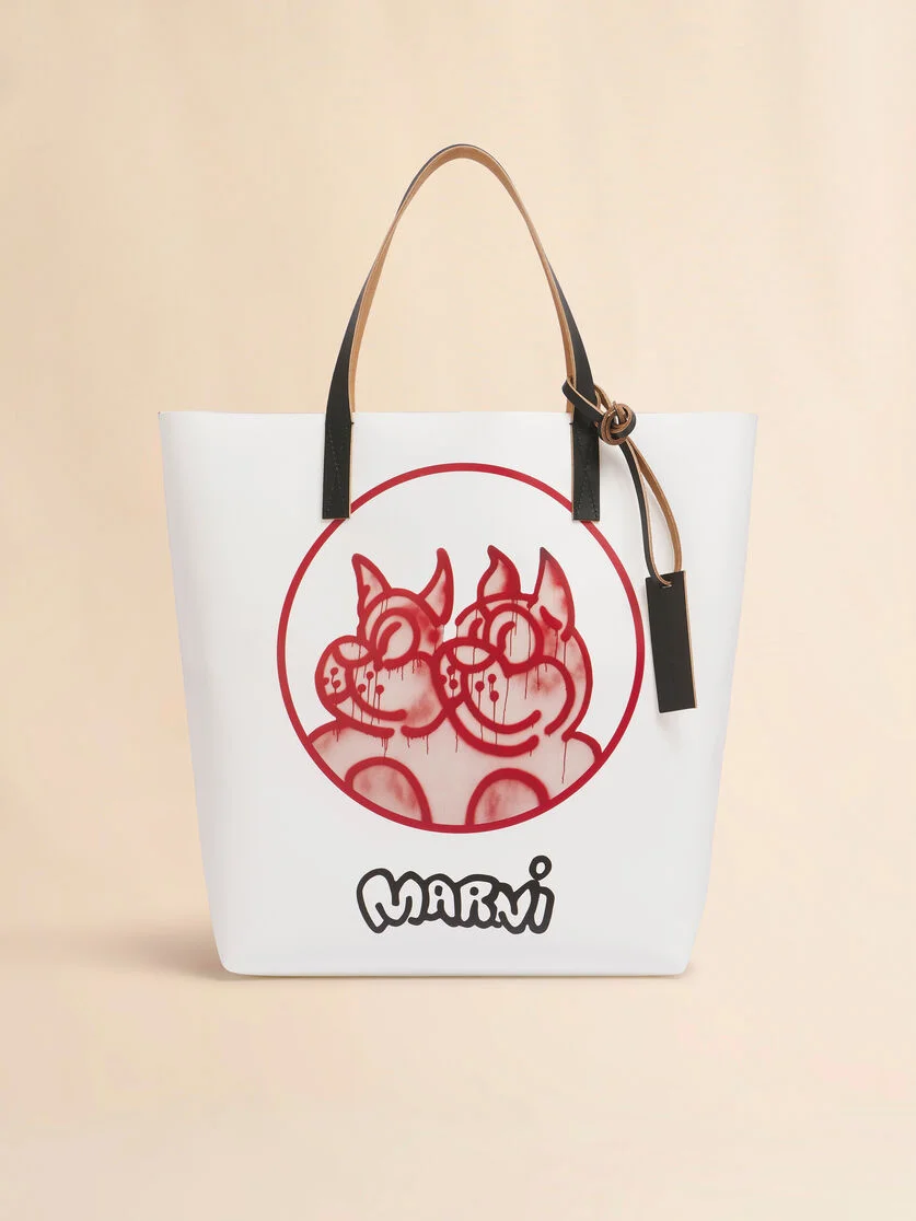 WHITE AND RED FABRIC TRIBECA TOTE WITH DOGS PRINT - 1