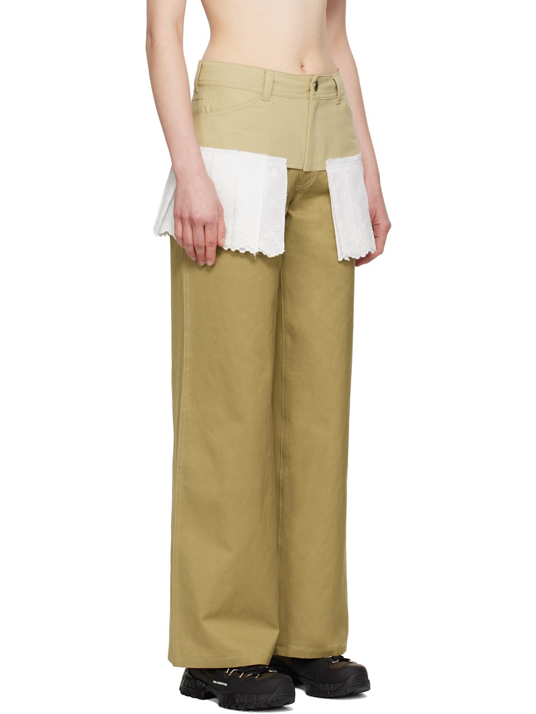 Beige & White Lace Pleats Skirt Trousers - 2
