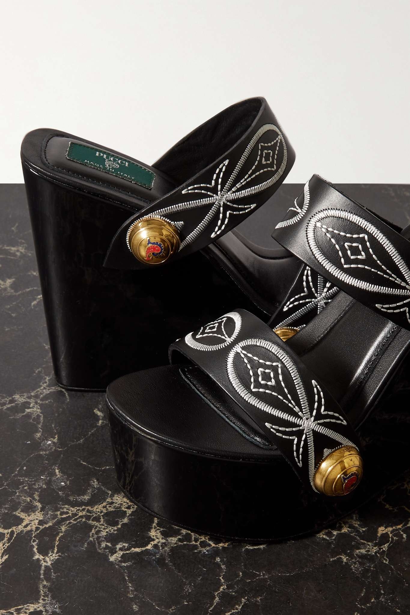 Embellished embroidered leather wedge sandals - 4