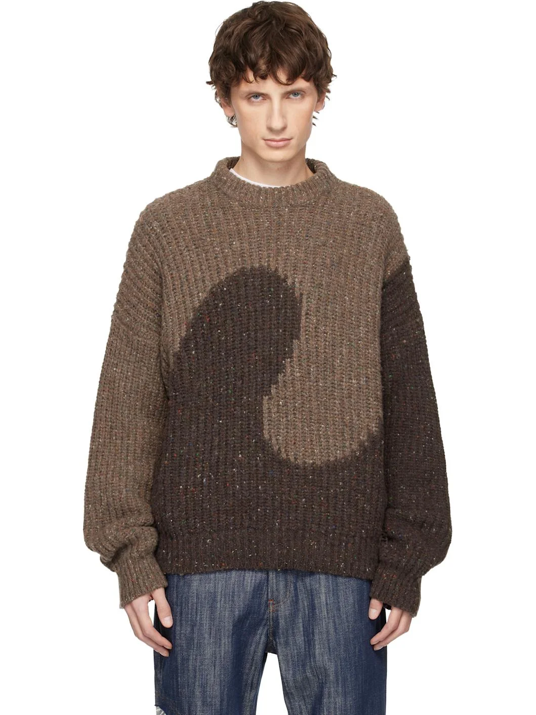 Brown Knit Crewneck Swirl Sweater - 1
