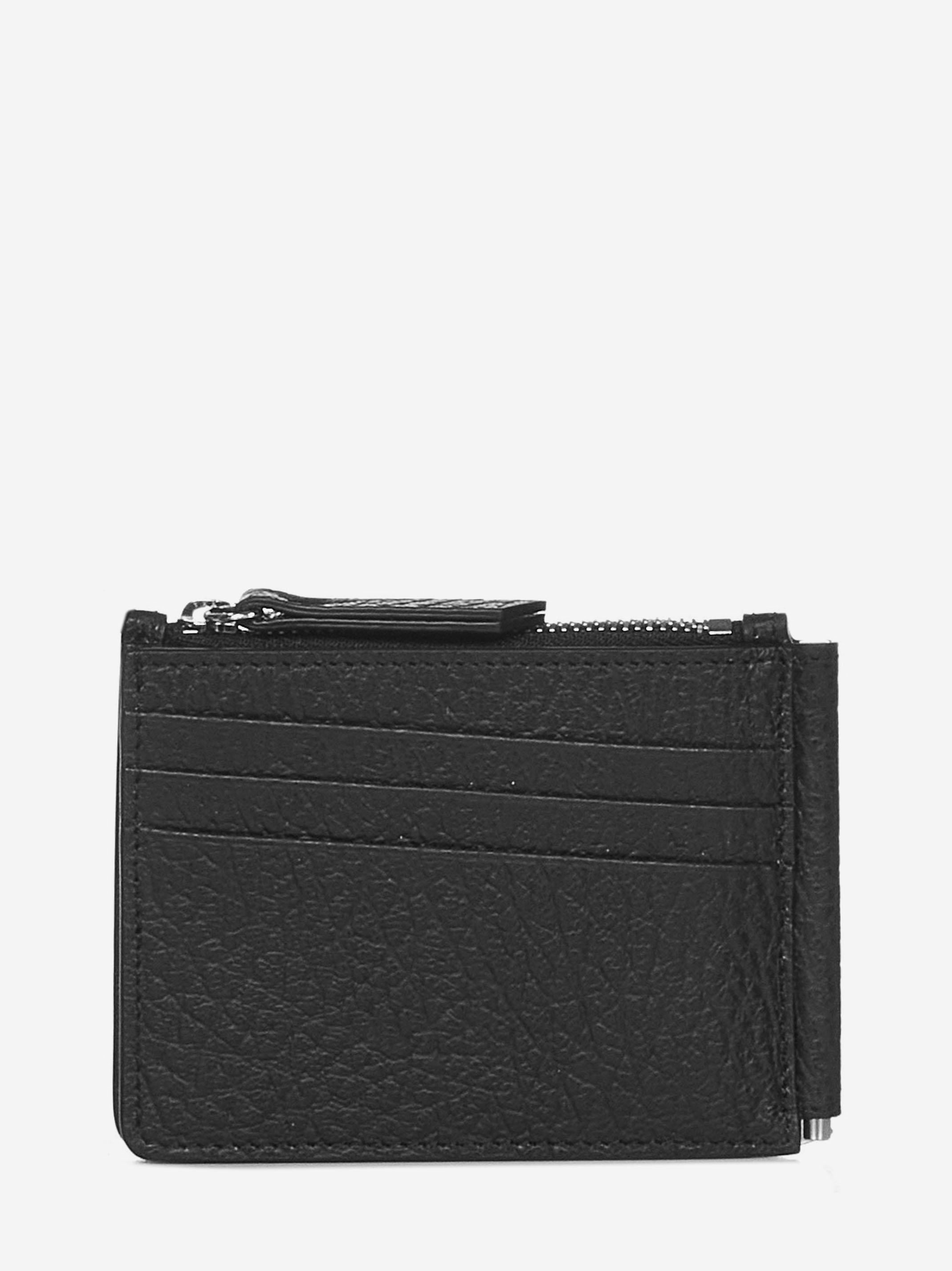 Black grained leather wallet with zip pocket and money clip and logo at back. - 1