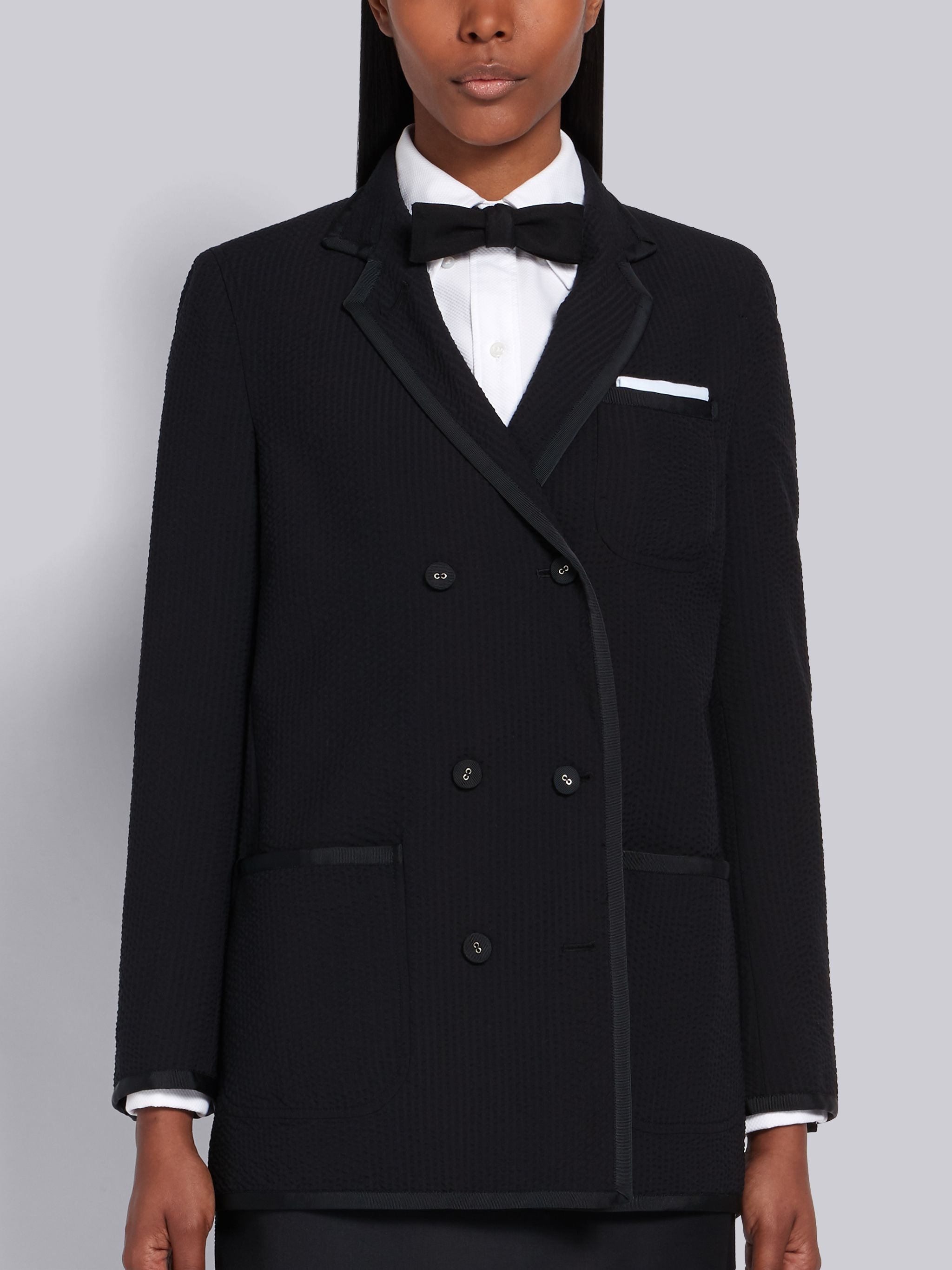 Black Wool Seersucker Grosgrain Tipped Sack Jacket - 1