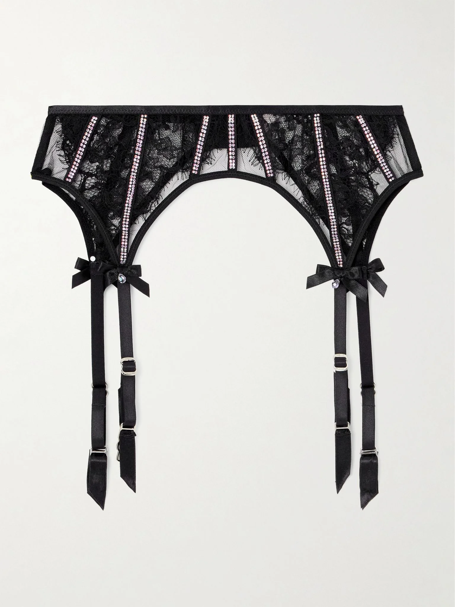 Caitriona satin-trimmed crystal-embellished lace suspender belt Black - 1