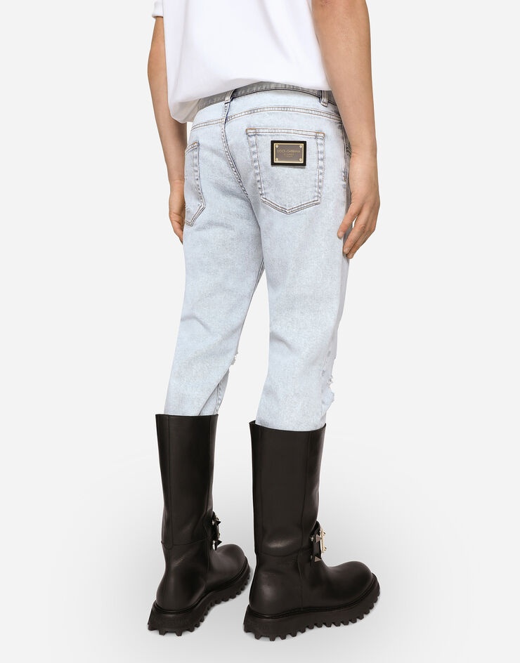 Stone-bleached slim-fit stretch jeans with rips - 4