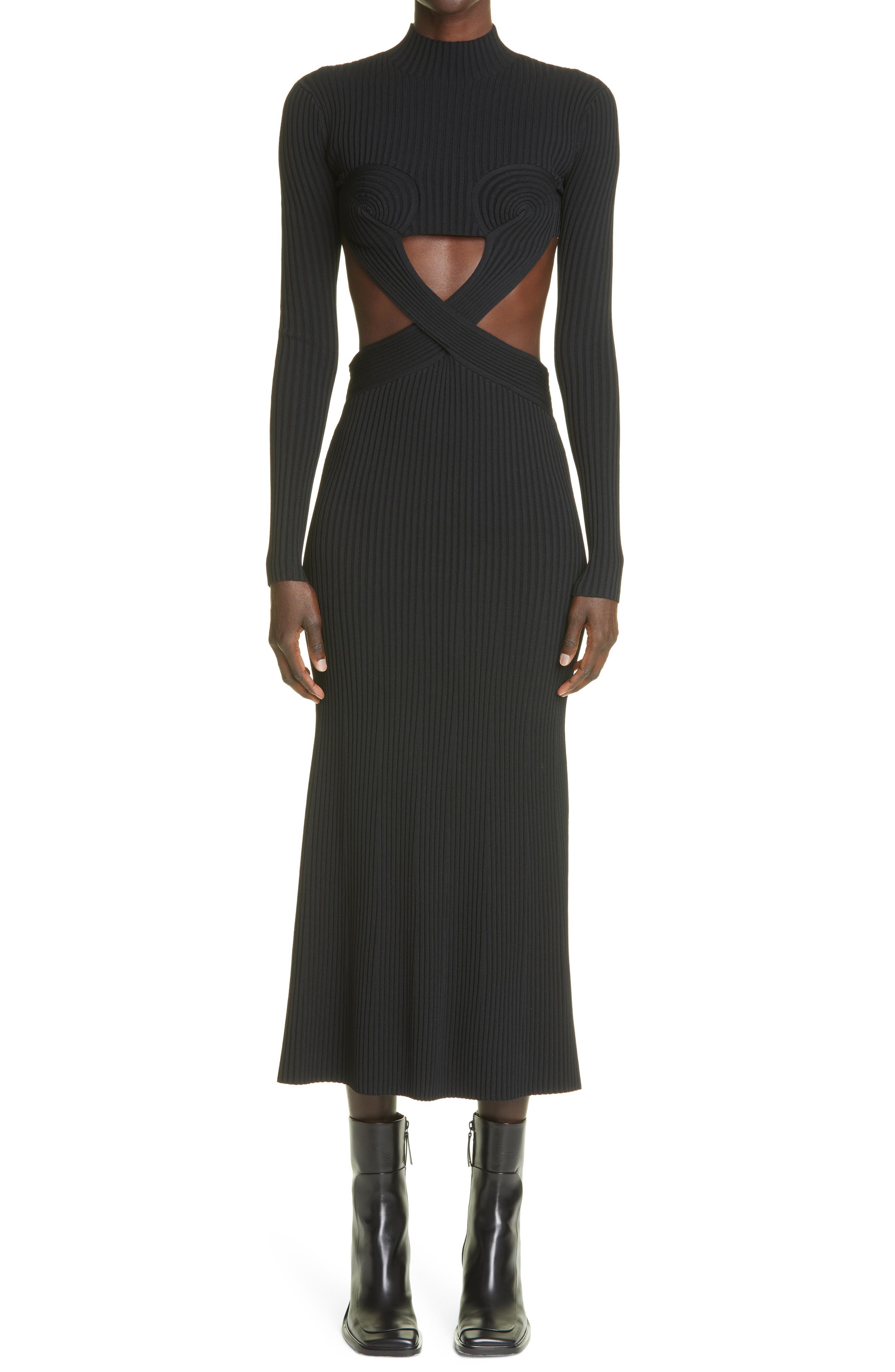 Dion Lee Spiral Rib Knit Long Sleeve Midi Dress in Black at Nordstrom, Size Small - 1