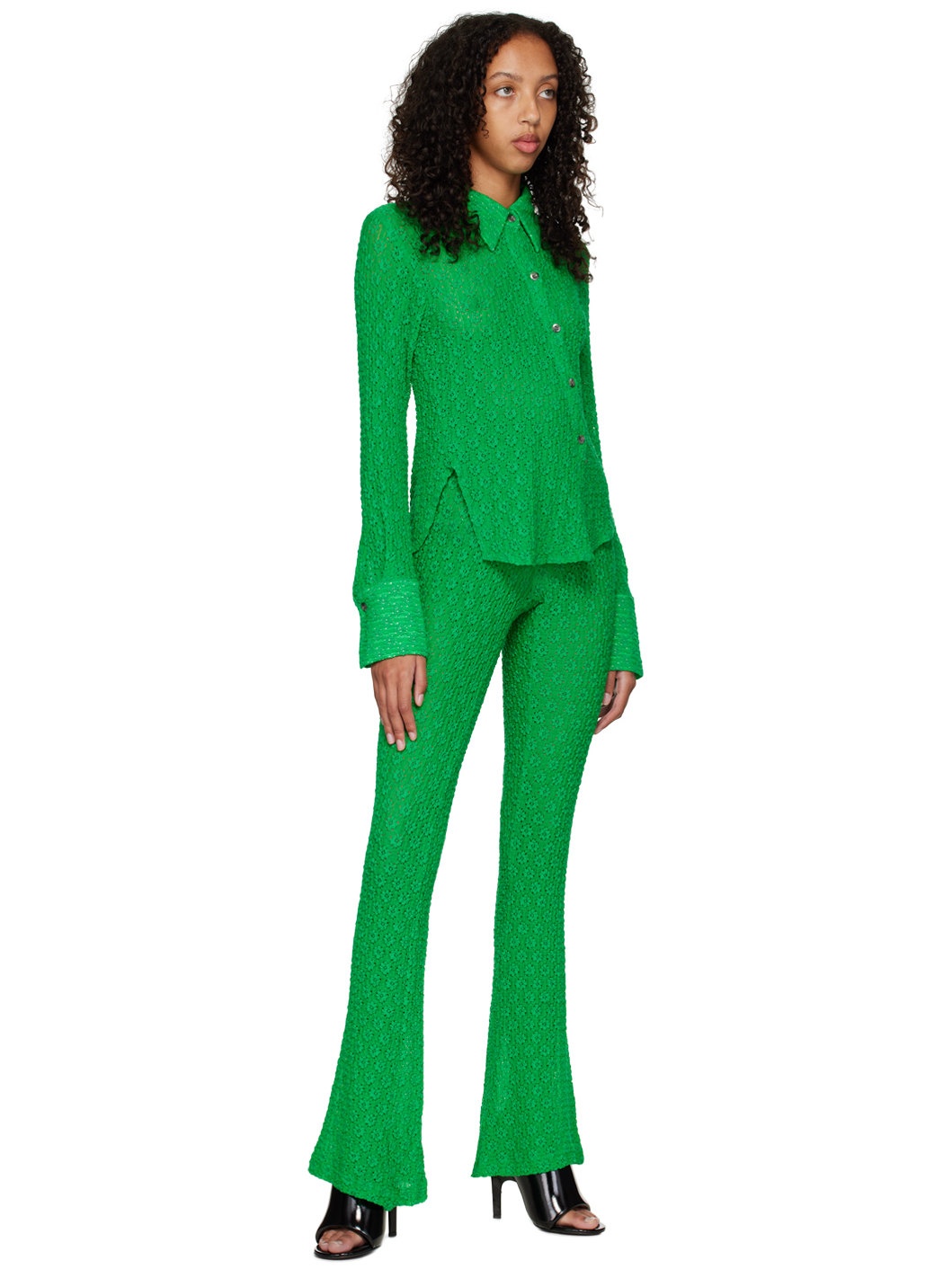 Green Slim Flared Trousers - 4