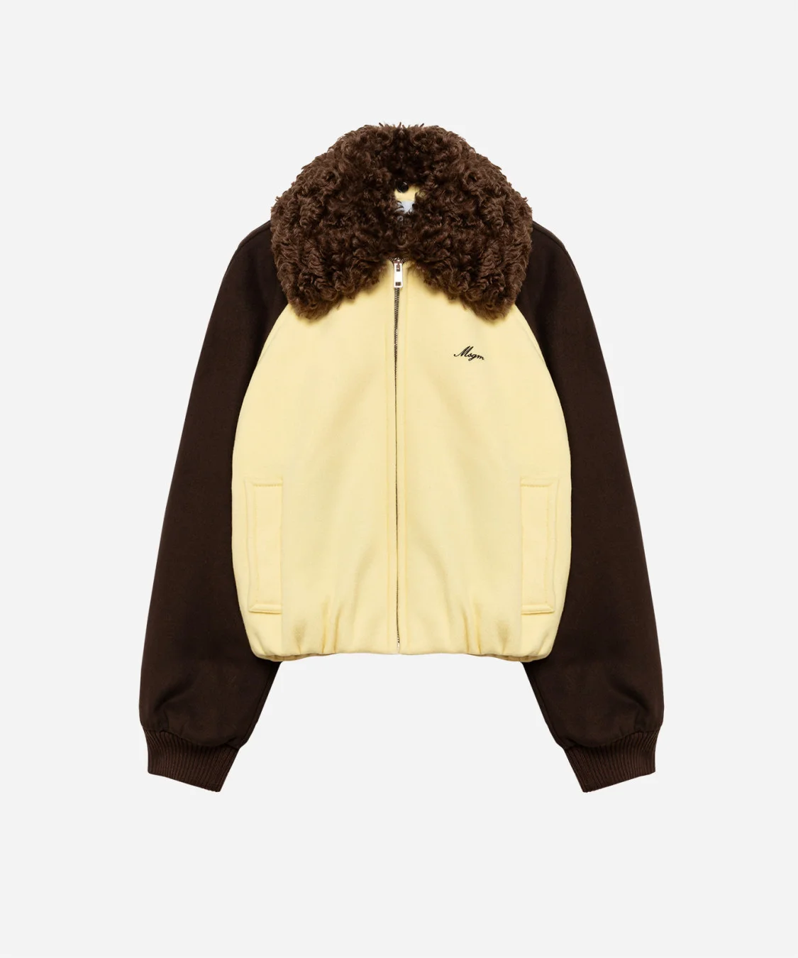 Color-block wool blend bomber jacket with faux fur collar - 1