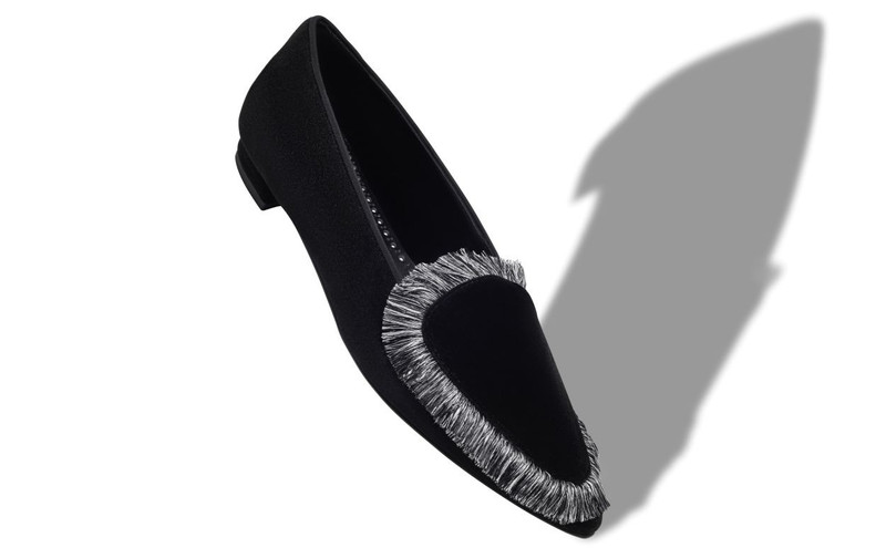 Manolo Blahnik Black Velvet Fringe Detail Loafers outlook