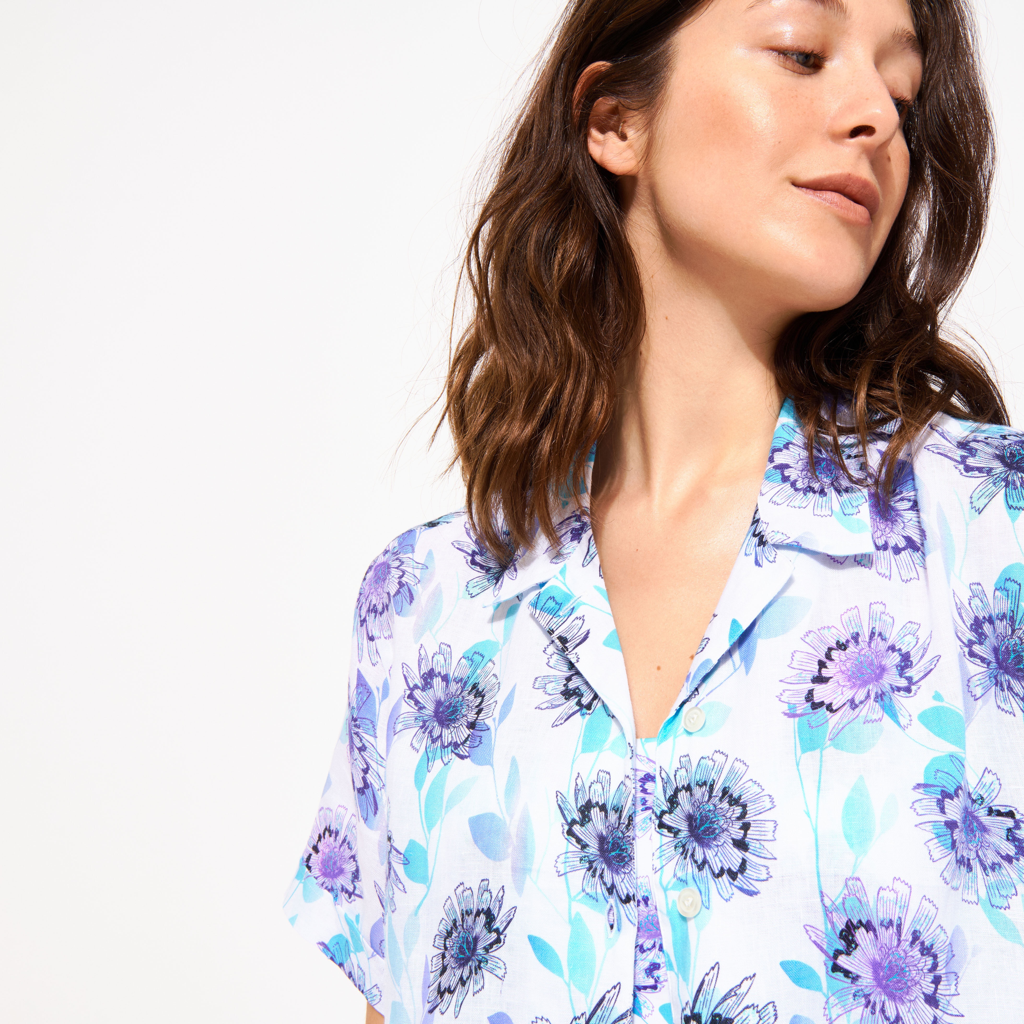 Women Linen Short Sleeves Shirt Flash Flowers - 5