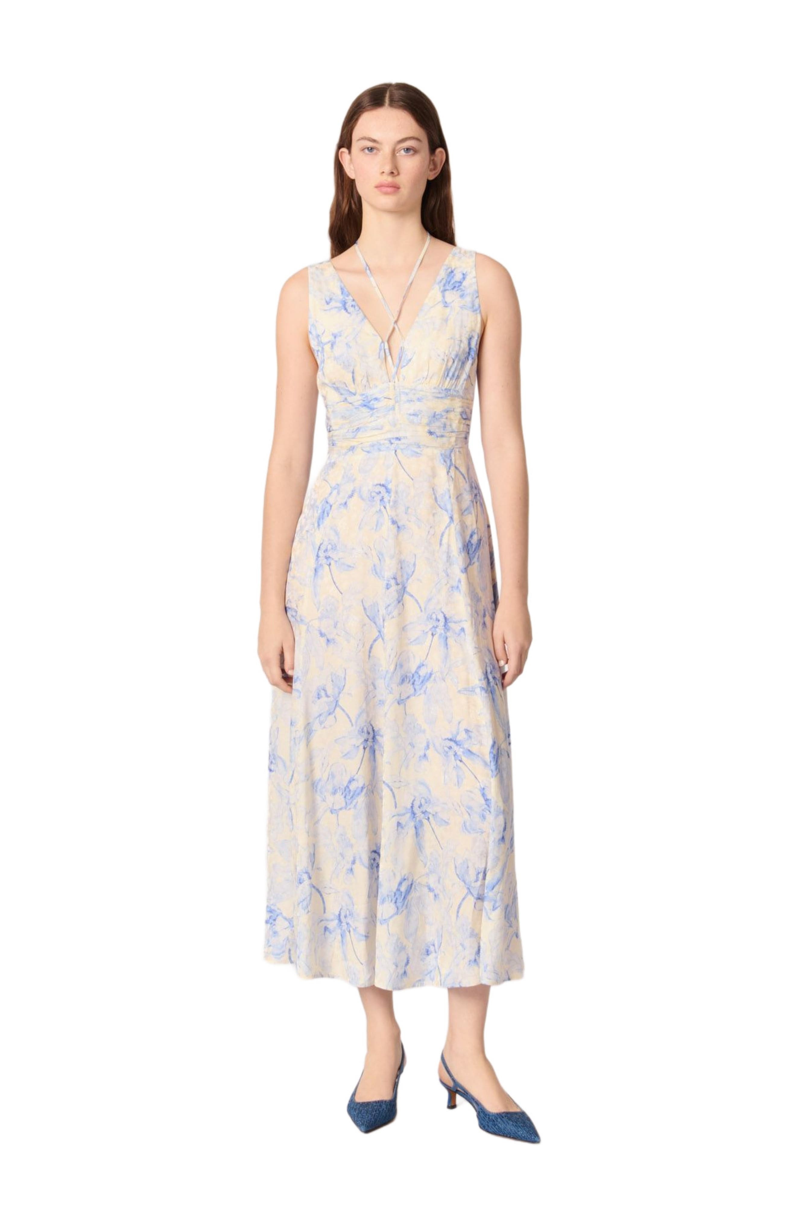 maje Patterned maxi dress with lacing in Blue Flower Print Ecru Base at Nordstrom - 1
